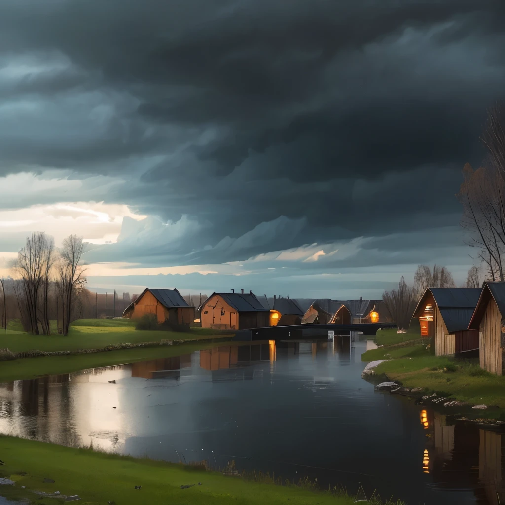 there is a river with a bridge and a house in the distance, russian landscape, russian village, gloomy weather. high quality, against a stormy sky, by Svetlin Velinov, of a small village with a lake, russian villages at background, hdr photo, by Ihor Podolchak, by Pavel Fedotov