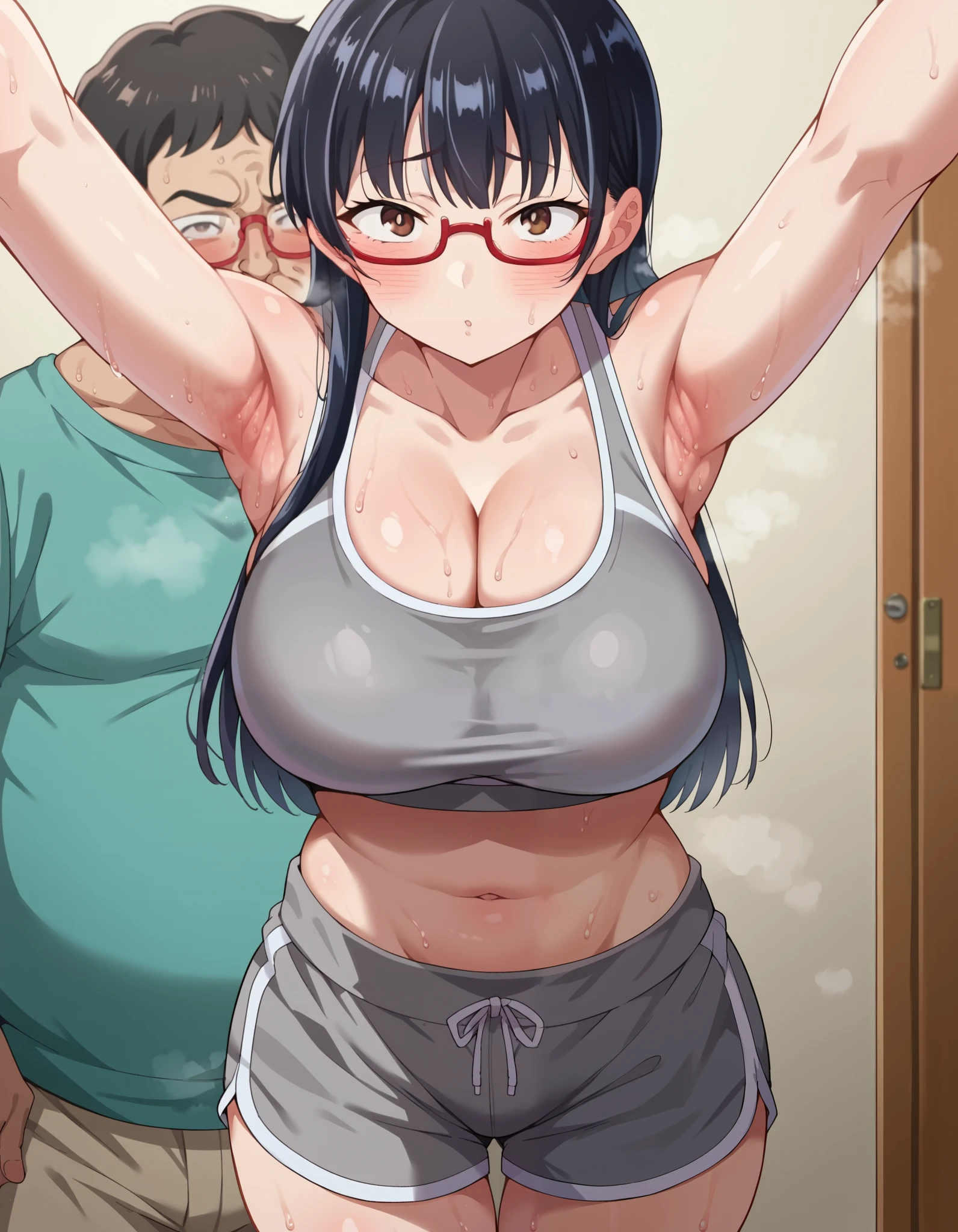 score_9, score_8_up, score_7_up, source_anime, annayamada, anna yamada, 1girl, armpit crease, bare shoulders, black hair, grey shorts, blush, breasts, brown eyes, cleavage, collarbone, cowboy shot, dolphin shorts, glases, large breasts, long hair, long sleeves, looking at viewer, navel, short shorts, shorts, solo, sports bra, standing, steaming body, sweat, grey sports bra, glasses, red glasses, blush, large breasts, older man and younger girl, kiss, standing, standing se
