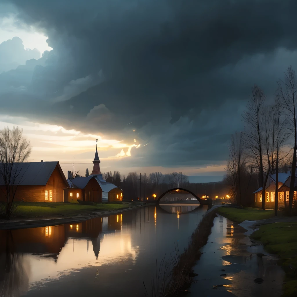 there is a river with a bridge and a house in the distance, russian landscape, russian village, gloomy weather. high quality, against a stormy sky, by Svetlin Velinov, of a small village with a lake, russian villages at background, hdr photo, by Ihor Podolchak, by Pavel Fedotov