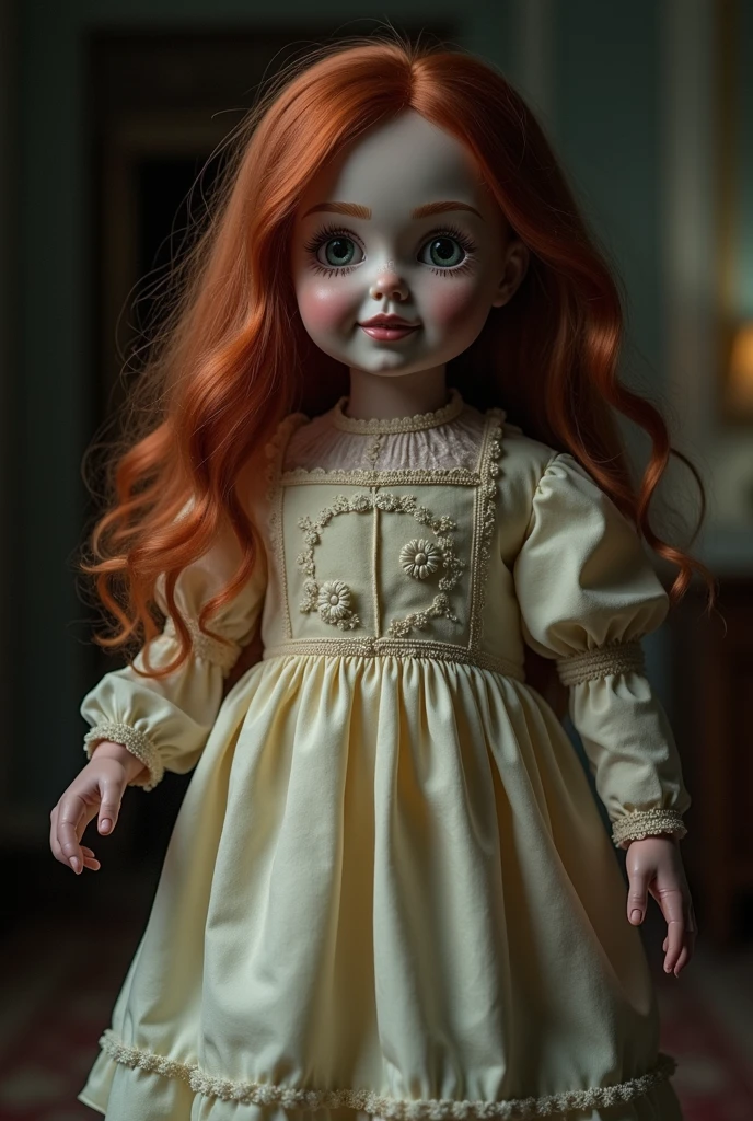 Cinematically drawn collectible doll Little Darling; red curly hair; gorgeous precious dress; freckled face; very cute; hyperdetalization of the face, high detail, high resolution, 32k, ISO 100, 100mm lens, f/8, pixel graphics, CGI, HDR, VFX