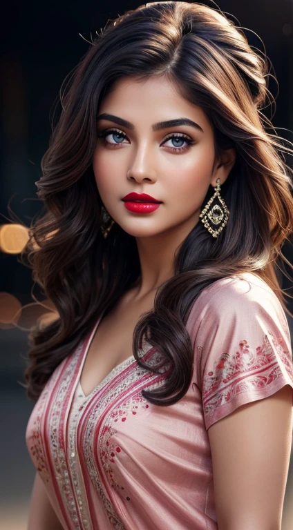 perfect blue eyes, fantastic face, Indian, beautiful look, ((red lips, bright eyes, curve heir 1.5)), ((beautiful details very big breast )), (Straight round and ultra huge clevage, not sagging breast), A glorious gorgeous, glorious gorgeous face, pretty face, bright eyes, detailed elegant printed yellow bra, updo elegant hair, blurred gray tones background, ultra focus, face ilumined, face detailed, 8k resolution, painted, dry brush, brush strokes, razumov style and garmash style, by Tokaito, ((Full Open ))
