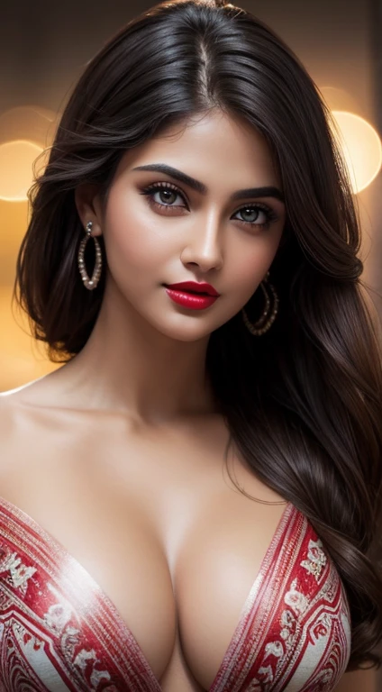 perfect blue eyes, fantastic face, Indian, beautiful look, ((red lips, bright eyes, curve heir 1.5)), ((beautiful details very big breast )), (Straight round and ultra huge clevage, not sagging breast), A glorious gorgeous, glorious gorgeous face, pretty face, bright eyes, detailed elegant printed yellow bra, updo elegant hair, blurred gray tones background, ultra focus, face ilumined, face detailed, 8k resolution, painted, dry brush, brush strokes, razumov style and garmash style, by Tokaito, ((Full Open ))