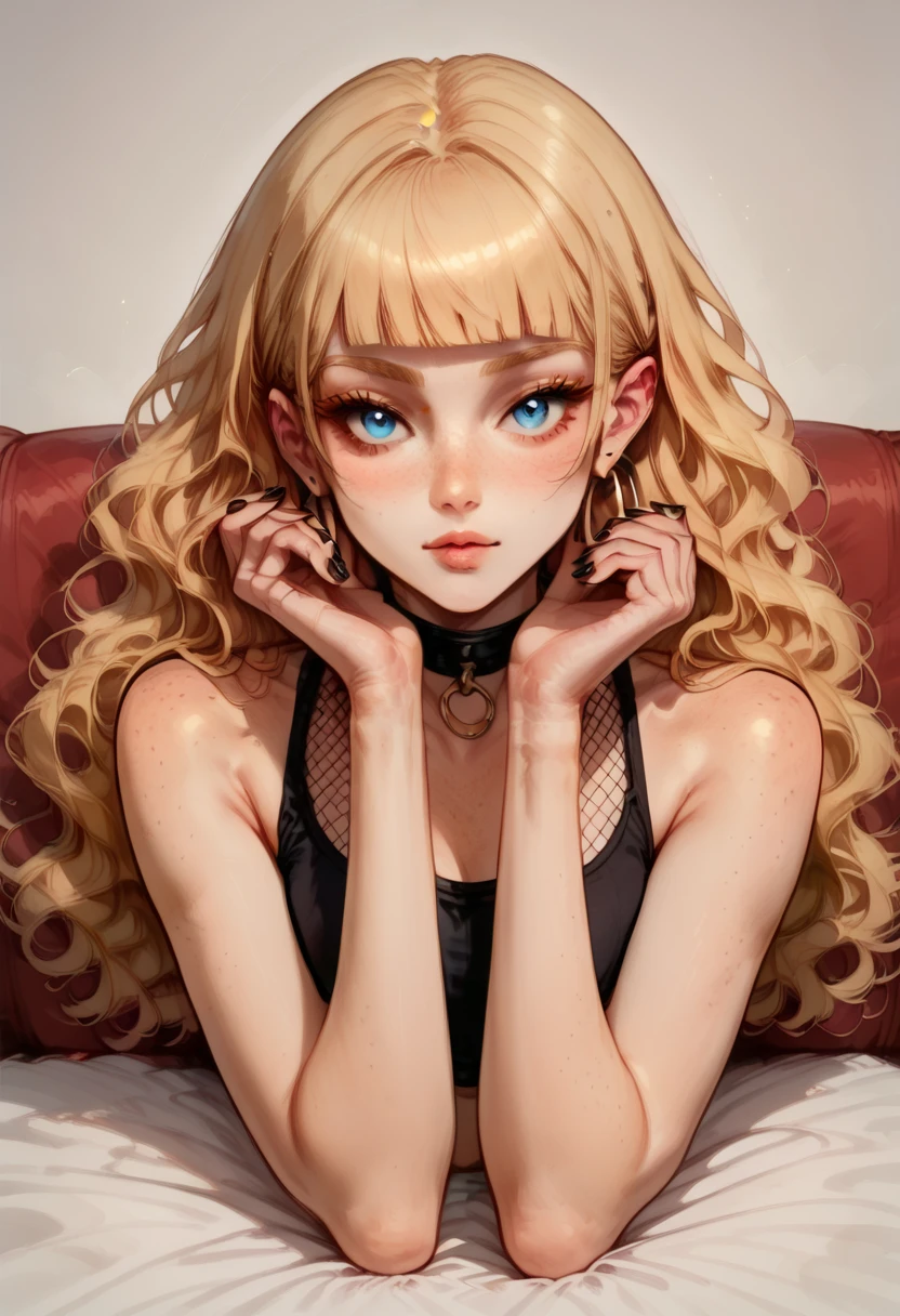 masterpiece, best quality, amazing quality, very aesthetic, high resolution, ultra-detailed, absurdres, newest, 8k UHD, 1girl,18-year-old, skinny, short height, cute,looking at viewer, long messy blonde wavy hair with pink ends, blonde eyelashes, bangs, blue eyes, big_ass, pale skin, bubble big butt, small silver hoop earings, parted lips, blunt bangs, delicate feet, sexy face ,pale skin, face freckles, cheek blush, chest freckles,butt_freckles, big tits, transparent bikini,  miniskirt, fishnet tanktop, laying in a red sofa in a careless and slob pose, black nails ,