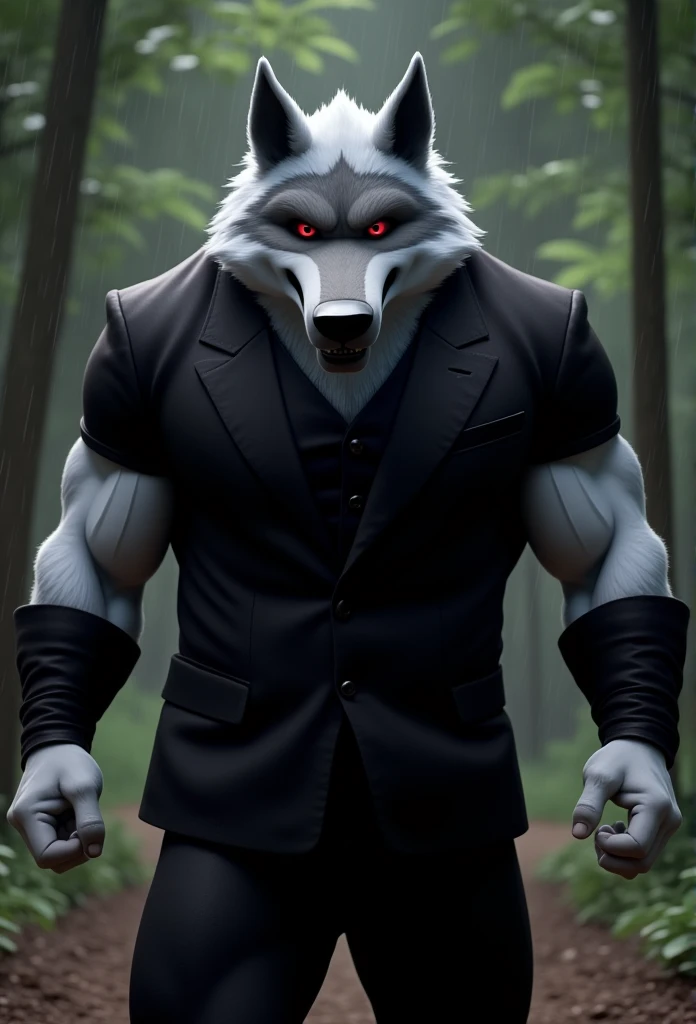 (Masterpiece:1.4)  A big muscular wolf strong red eyes creepy expression visible biceps he is wearing a black suit with black tailoring pants flexing his muscular arms. In an enclosed forest raining Canon EOS R5 camera , 50mm lens, F/2.8, 