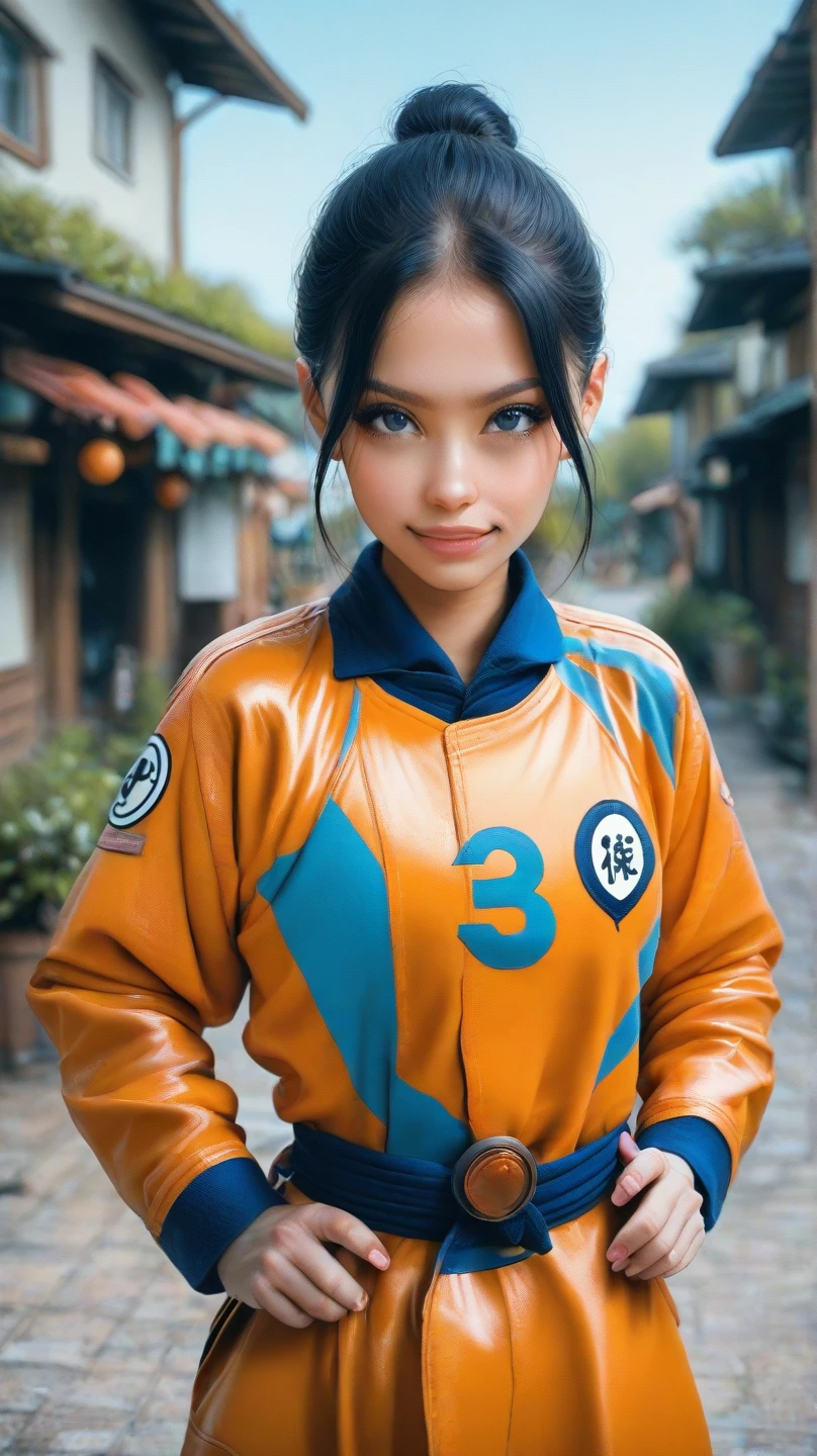 a highly realistic full-body image of Pan, a young and energetic girl with short black hair and a bright, cheerful expression. She is wearing her signature orange gi with blue accents, similar to Goku’s, showcasing her martial arts training and potential. Her posture is lively and ready for action, radiating youthful enthusiasm and confidence. The background features a peaceful countryside with a vibrant blue sky and lush greenery, highlighting her adventurous spirit and connection to the Dragon Ball legacy.