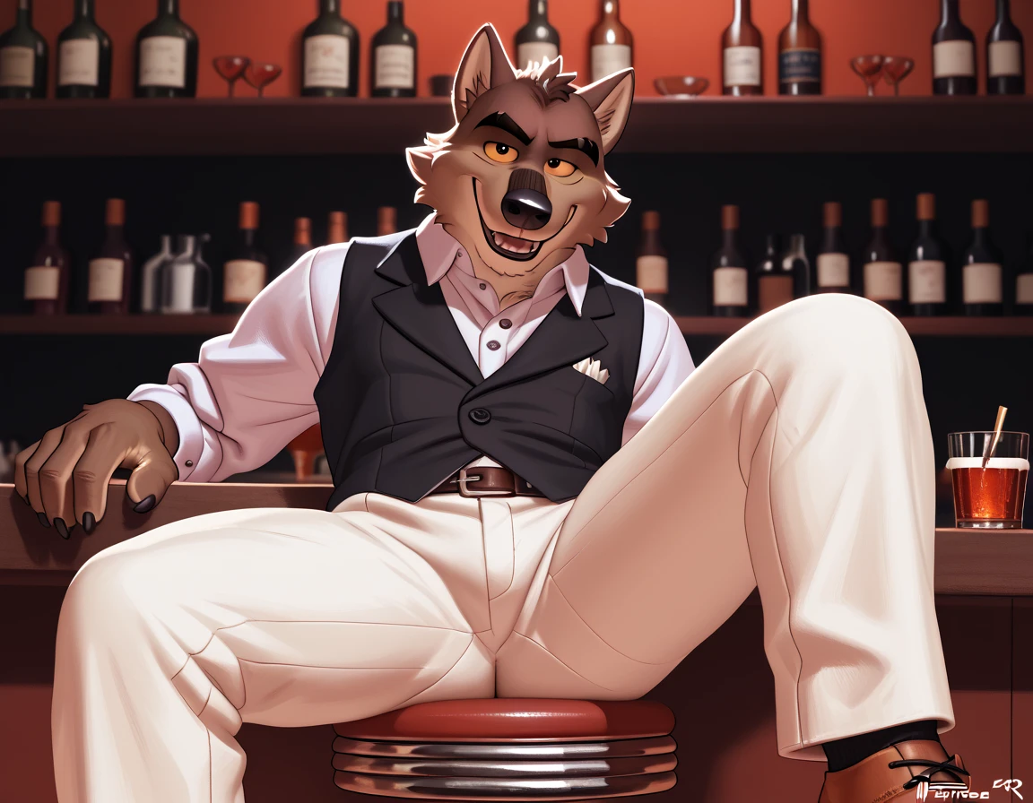 mr wolf, bg, 4k, high resolution, best quality, detailed, posted on e621, solo, anthro body, masculine, male, dark bar background, blurry background, correct anatomy, (detailed eyes:1.1), (by wfa, by takemoto arashi, by meesh, by Taran Fiddler), belt, white pants, black vest, sweet smile, charming, flirting, sitting by bar counter, elbows on counter, leaning back, legs spread, looking at viewer,