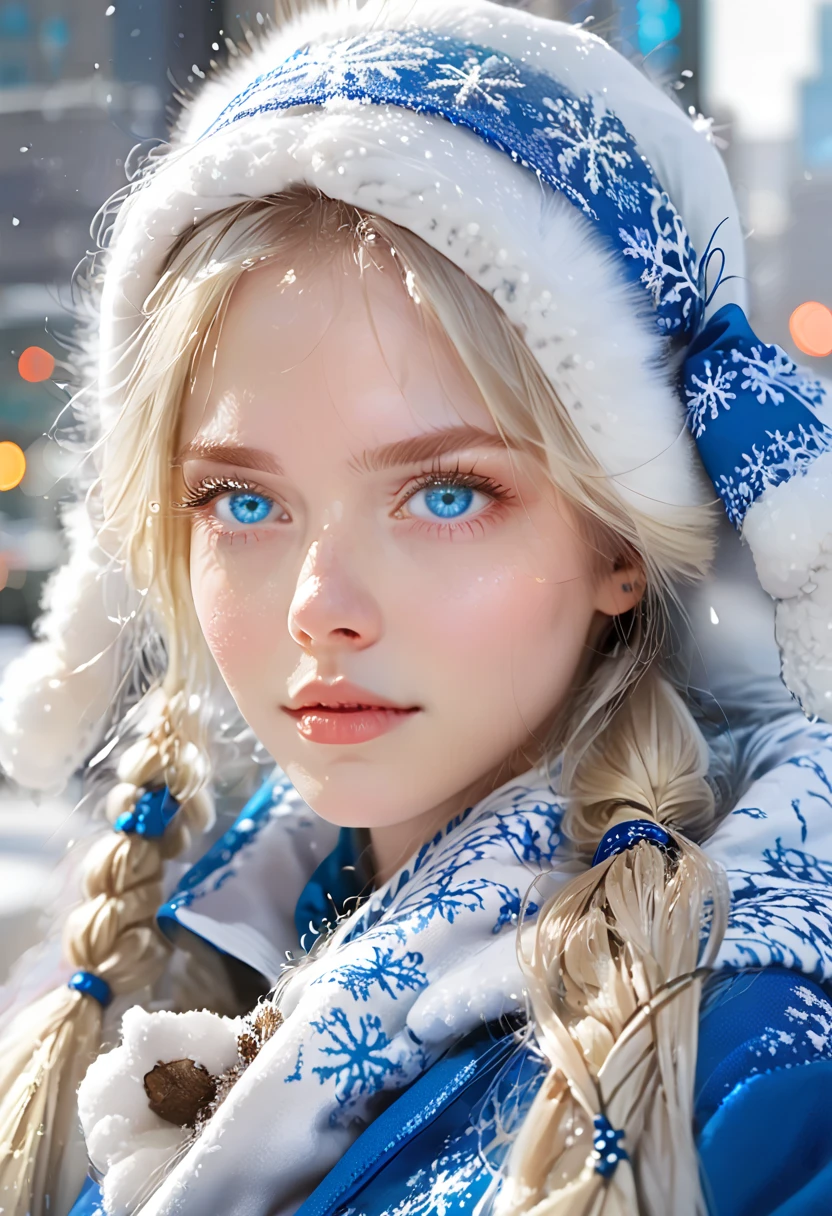 blue-eyed snow maiden in the big city, medium height blonde,
