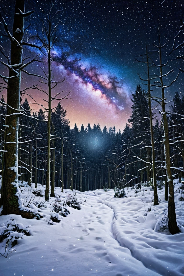 realistic image of the milky way, in the forest, in winter 