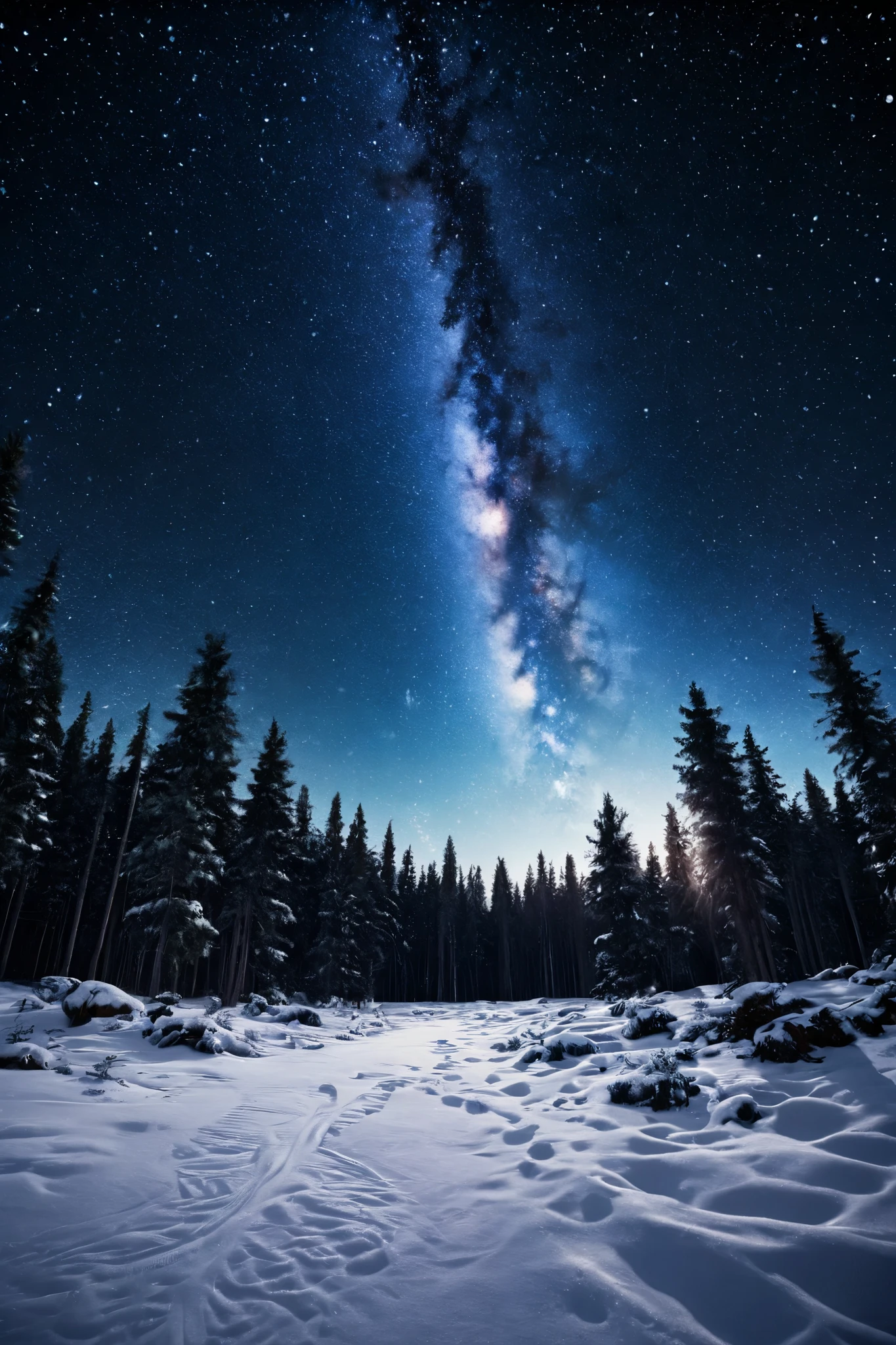 realistic image of the milky way, in the forest, in winter 