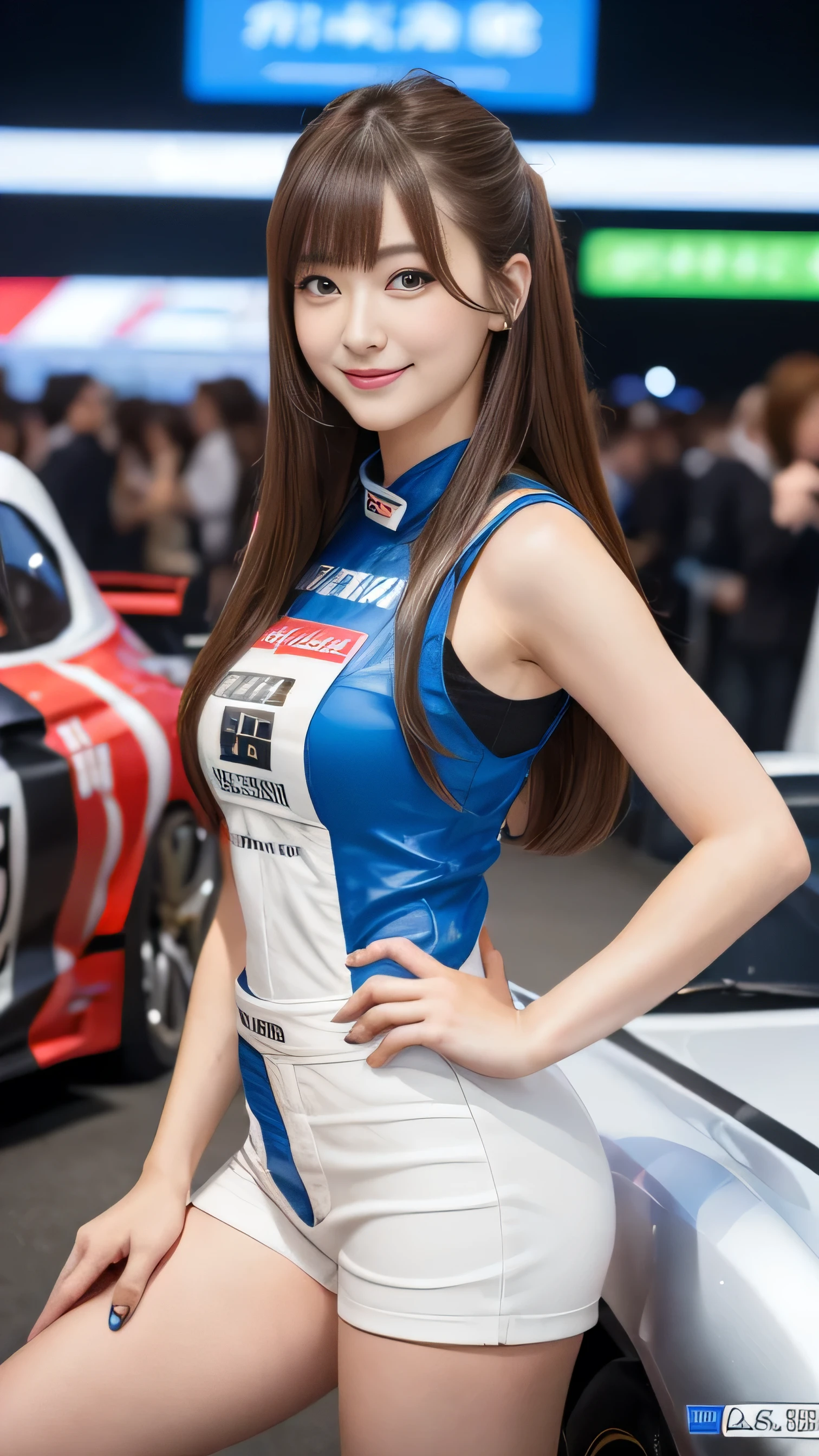 (8k,  super high resolution ,  top quality ,  table top in front of you:1.2),(18 years old:1.2)、 race queen、（ Motor Show ）、((( looking at camera)))、((((Serious Eyes)))、((( Add highlights to eyes)))、((( looking at camera)))、幸せそうに smiles, Perfect Makeup , smiles,fellow、 racing cars on racing、 long legs 、8k、 japanese girl&#39;life々 beautiful portrait 、 realistic 、 super high resolution 、 top quality 、 earrings、 (Big Breasts,  clevis on a stone:1.2),( high leg )、(((  Vinyl Miniskirt Costume)))、(Laotex)、 shiny costume、(from below:1.2)、(Makuhari Messe)、(((Toyota、Nissan、Honda、ＢＭＷ，Audi、Ford,  wait a minute .)))、 standing beside a car 、 cross your arms a little、( punch:1.5)、(High-end cafe:1.4) break (  dark hair with natural skin texture  、 detailed skin、 hyperrealism、 ultra sharpness )、  Complicated Details  、 depth of written border、Dim lighting、 Korean idol、Nogizaka idol、 Burning idol pose 、 fashion model poses