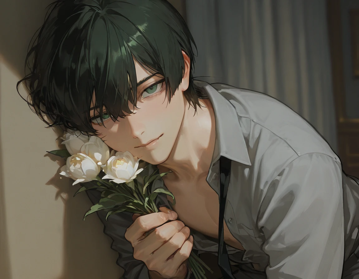 masterpiece, best quality, 1boy, blurry background, dark lighting, solo, lips, perfect hands, male focus, detailed dark green eyes on board, sharp face features, holding large bouquet of peonies to viewer, looking at viewer, detailed fully black hair, total brunette, curtain cut center part with face-framing fringe hair on background, 25 years old, handsome face, dark grey suit top with a porcelain white shirt, loosened black tie, unbuttoned two buttons on shirt, gentle expression, beautiful handsomely

