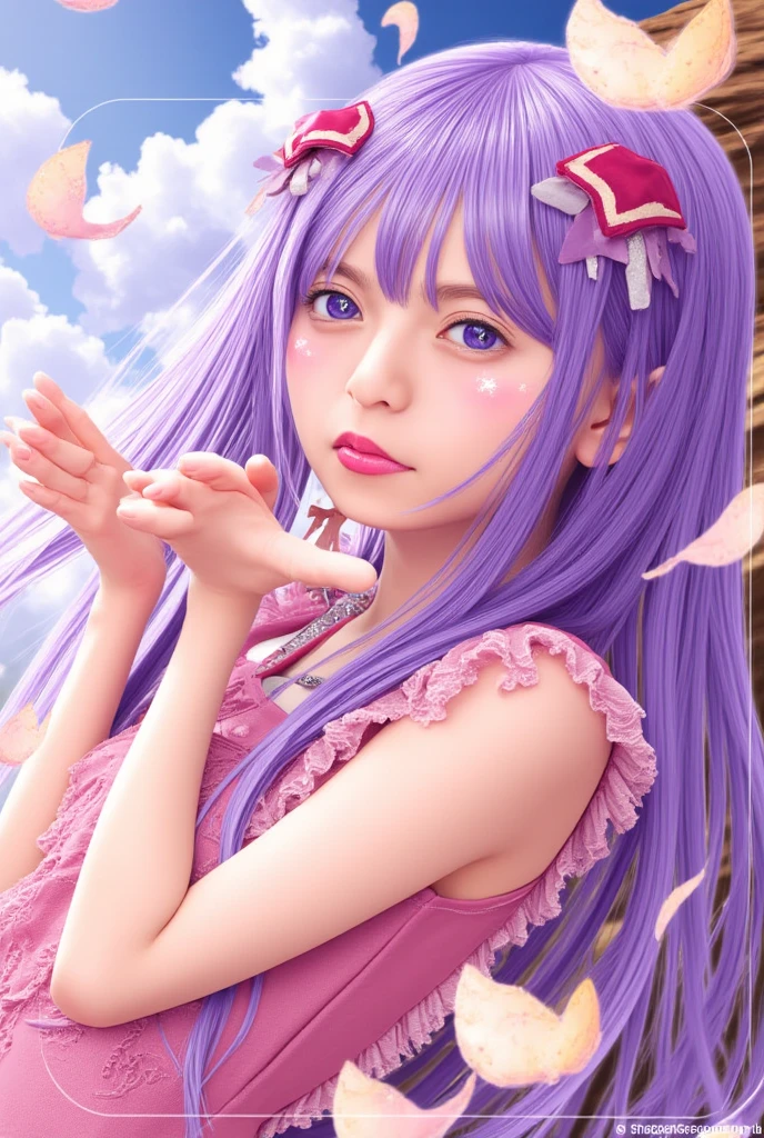  1 girl,  full body,  cowboy shot, ( Rembrandt),  illustrations, (masterPiece), ( top quality ), (Ultra_  Details),  Detailsな描写, (DePth of field), star野愛, gloves, tongue out, tongue,  long hair, star \(symbol\),  is watching viewers, (PurPle hair:1.2), PurPle eyes, uPPer body, hair accessories, :P, frills, Pink  shirt, smile,  Sleeveless,  shirt, Idol, symbol-shaPed PuPils, hands uP, bangs, one side uP, star-shaPed PuPils, arms uP, dress Pull,  rolling twenties ,  isometric, the above, null, flower, cliff,