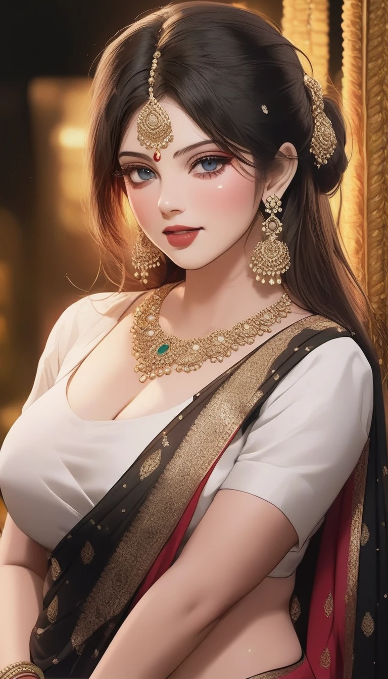 Renowned actress at the age of 28 , with intricate designs, detailed long big kundan jhumka earrings,red lipstick, black hair, big round breasts, Deep cleavage ,face makeup, navel, eyeliner, eyeshadow, necklace,bangles, accessories , detailed blue eyes, tight white blouse,oily skin, red lipstick,  ,necklace , looking at viewer, seductive face, seductive expression , happy face,big ass,body chain , jewellery ,  biting her lips , blush ,wet hair , detailed accessories,navel piercing,ear piercing ,  silk black saree