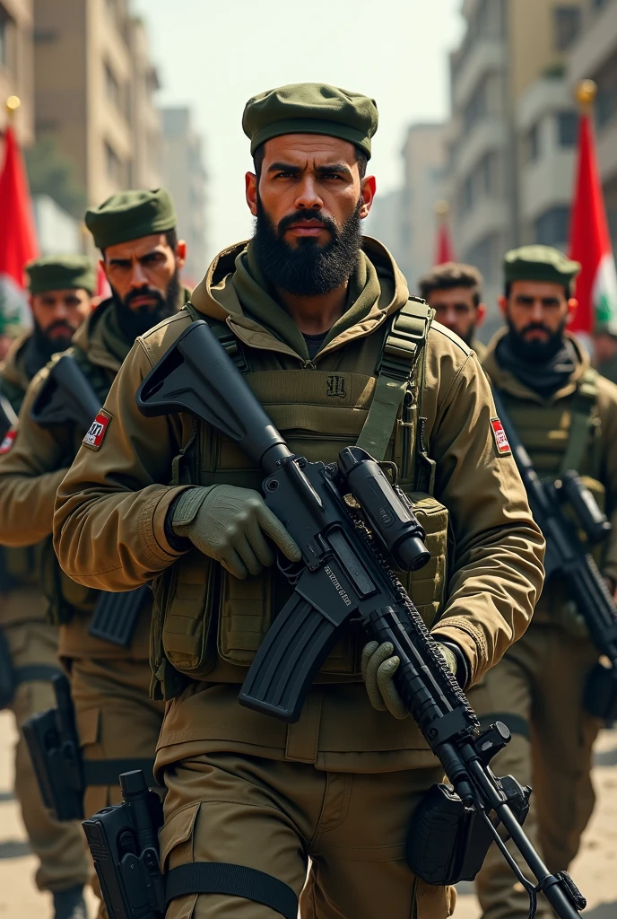 A mujahid holds the Turkish and Palestinian flags and on his shirt there is the word Mujahidin and many M16 weapons.