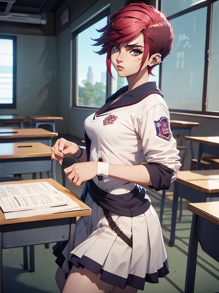 'Vi from Arcane anime', 1woman, as a highschool girl, wearing a Japanese school uniform, with white shirt and blue skirt, at a classroom , red colour very short hair, "Jinx's hair style, 8k, high detailed, high quality, high accuracy