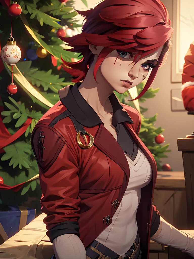 'Vi from Arcane anime', 1woman, wearing a sexy Christmas jumper, near a Christmas tree, red colour very short hair, "Jinx's hair style, 8k, high detailed, high quality, high accuracy