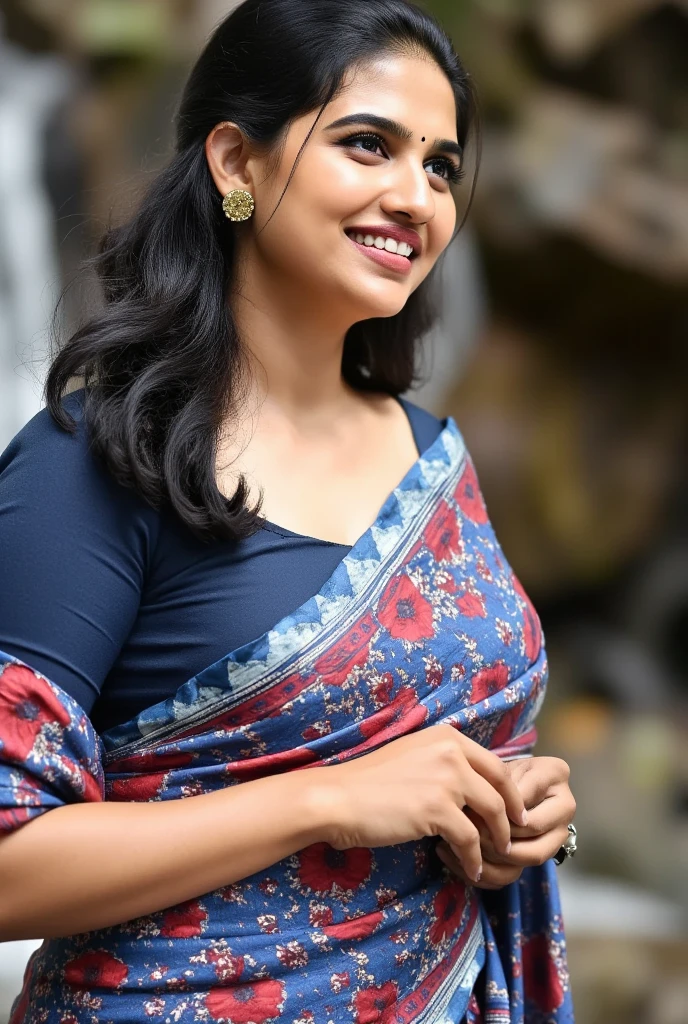 Close up full-body photo of sexy mamitha , curvy, hourglass figure,  swooping breasts,  deep cleavage, deep neck blouse, blue floral sareeside, navel, belly button, in a waterfall, seductive pose, erotic pose,  cheering for her, wavy hair, necklace,  red lips, nosering on one side of nose, jhumka, bright light photoshoot model,  