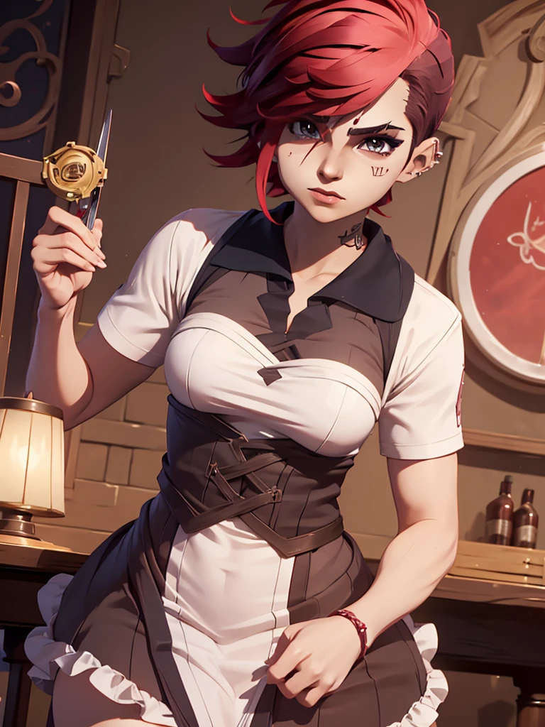 'Vi from Arcane anime', 1woman, as a Maid, wearing a Maid outfit , at a maid cafe, red colour very short hair, "Jinx's hair style, 8k, high detailed, high quality, high accuracy