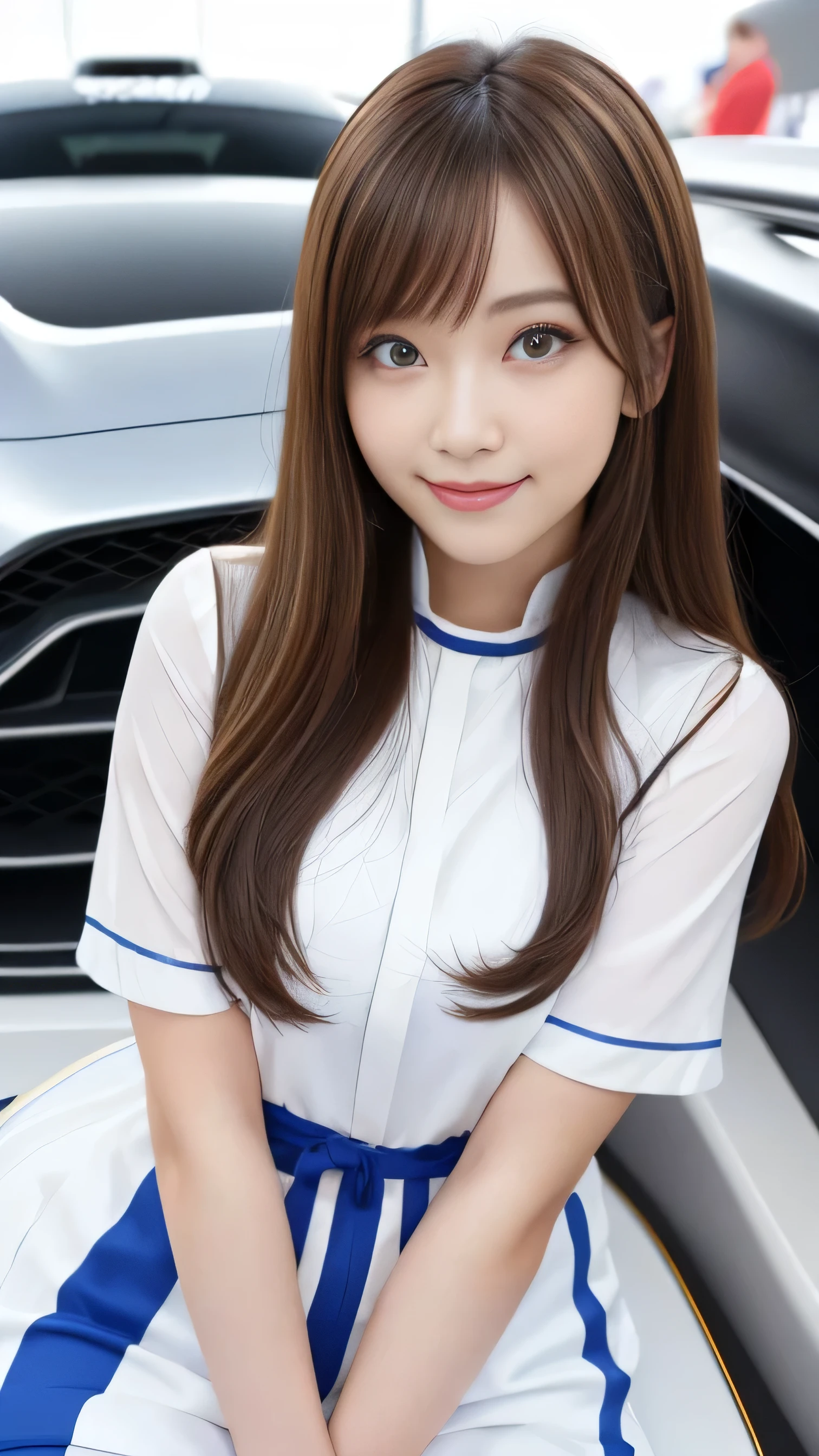 (8k,  super high resolution ,  top quality ,  table top in front of you:1.2),(18 years old:1.2)、 race queen、（ Motor Show ）、((( looking at camera)))、((((Serious Eyes)))、((( Add highlights to eyes)))、((( looking at camera)))、幸せそうに smiles, Perfect Makeup , smiles,fellow、 racing cars on racing、 long legs 、8k、 japanese girl&#39;life々 beautiful portrait 、 realistic 、 super high resolution 、 top quality 、 earrings、 (Big Breasts,  clevis on a stone:1.2),( high leg )、(((  Vinyl Miniskirt Costume)))、(Laotex)、 shiny costume、(from below:1.2)、(Makuhari Messe)、(((Toyota、Nissan、Honda、ＢＭＷ，Audi、Ford,  wait a minute .)))、 standing beside a car 、 cross your arms a little、( punch:1.5)、(High-end cafe:1.4) break (  dark hair with natural skin texture  、 detailed skin、 hyperrealism、 ultra sharpness )、  Complicated Details  、 depth of written border、Dim lighting、 Korean idol、Nogizaka idol、 Burning idol pose 、 fashion model poses