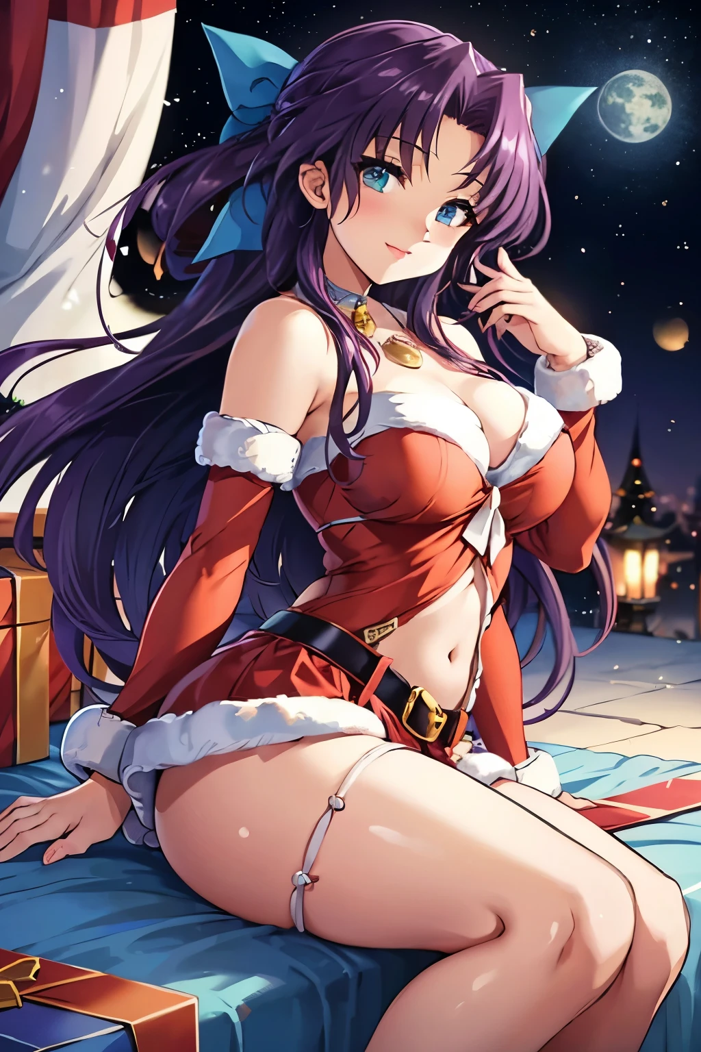 (Beautiful picture), (masterpiece), (((Solo))), ((Raiden Shogun)), ((((wearing a Christmas themed dress)))), (cleavage), ((huge breasts)), (lipeautiful eyes)), ((on hands and knees)), ((thick)), (beautiful purple sky), (stockings)