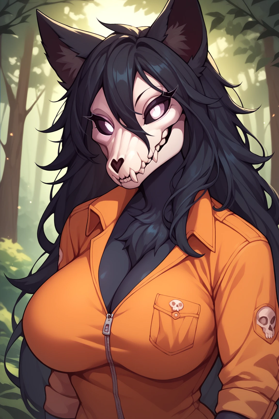 score_9, score_8_up, score_7_up, score_6_up, BREAK, MaloSCPXL, anthro furry, furry female, body fur, black fur, head skull, white eyes, glowing eyes, black sclera, black hair, long hair, hair between eyes, animal ears, large breasts, orange jumpsuit, solo, front view, (portrait, upper body), seductive smile, looking at viewer, forest, tree 