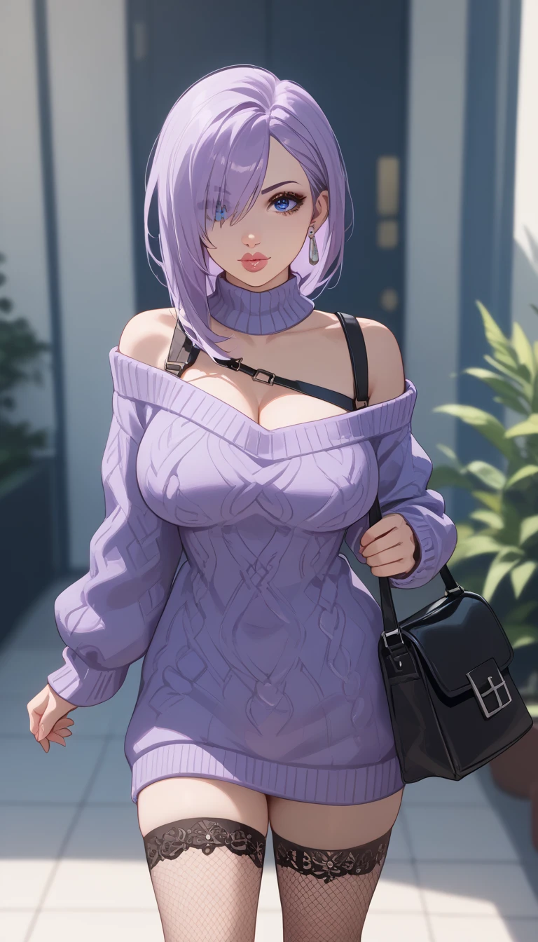 1girl,Twenties,light purple hair, middle hair, hair over one eye, volumey, upturned eyes, big eyes, dark blue eyes, large breasts, pointy breasts, full lips, light makeup, off-the-shoulder, long Sweater, jewelry, earrings, fishnet thighhighs, short boots, tote bag, looking at viewer, oily skin
