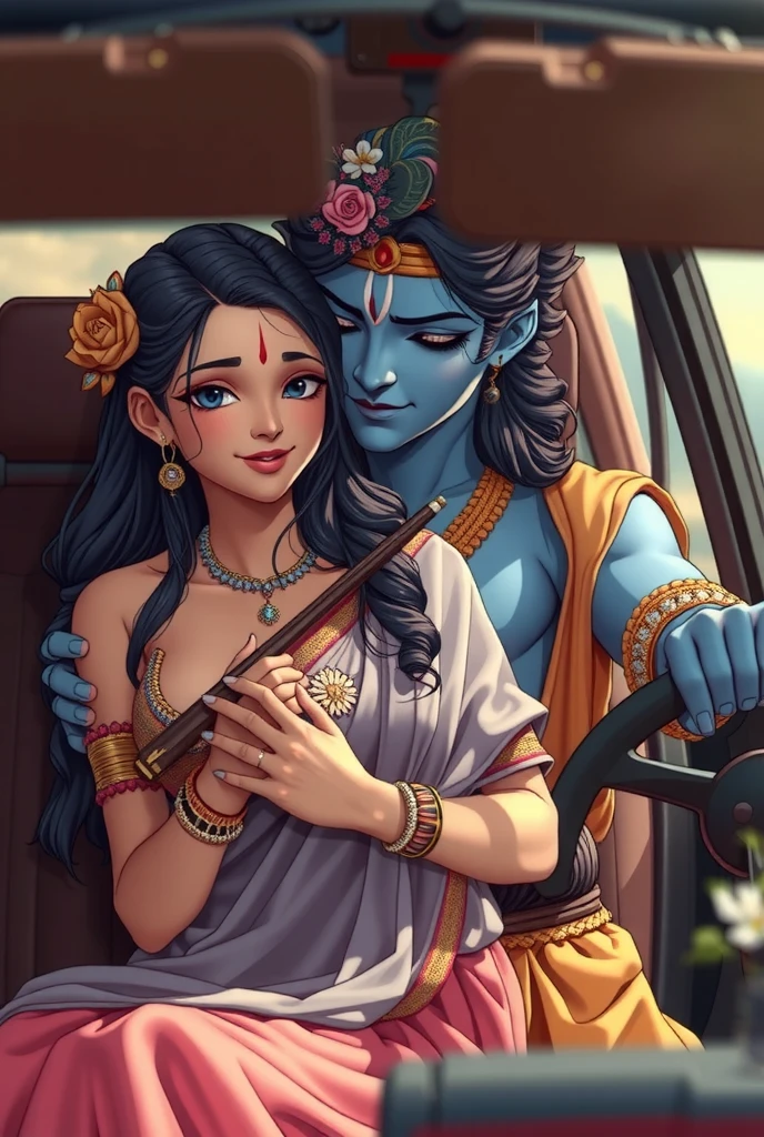 anime (hentai) inspired.two lovers in a jeep, realistic indian woman and man, romancing at the back seat. the girl is wearing transparent plain simple sari, sari is off her shoulder revealing her plain choli, showing deep cleavage, boy is hugging from behind and groping her breast from behind . Radha with her golden-white glowing skin, is wearing dress of primary color blue, secondary color pink, dark hair with a small ornate crown and flowers, red tilak in her forehead. -----.Krishna, with radiant blue skin, with iconic flute and peacock feature wearing dress of primary color yellow secondary color red, white tilak in his forehead. .
