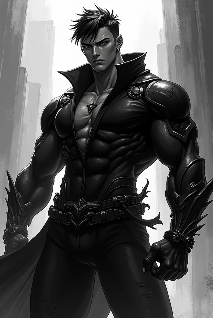 create a strong anime character in black and white