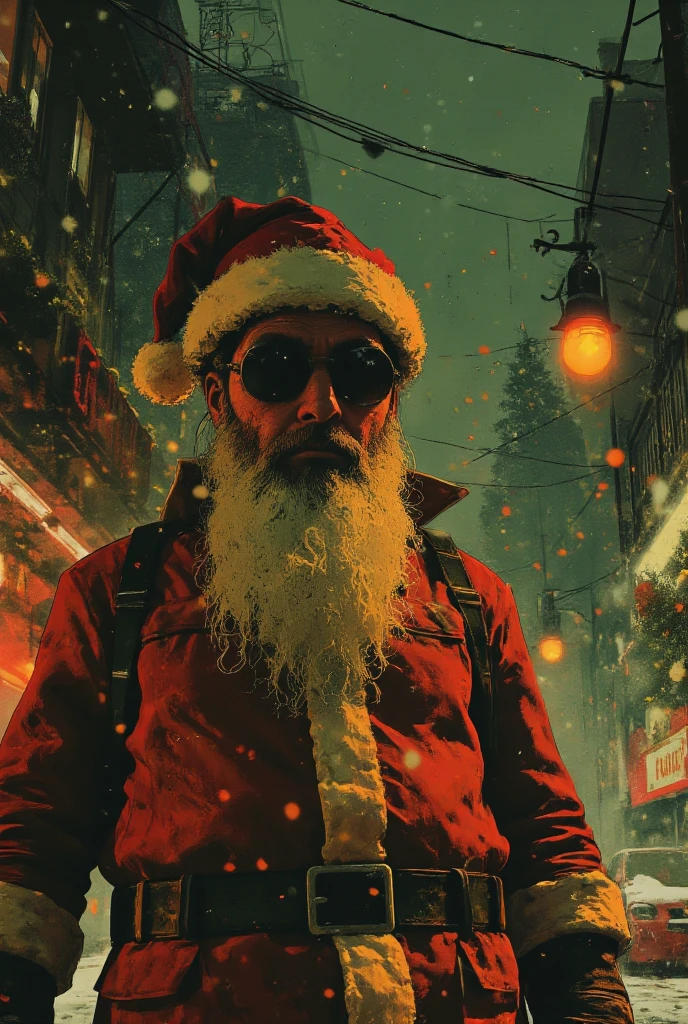  Play Santa Claus in a bright Christmas city in the background. Santa Claus in the front and with the dark glasses , with snow falling 