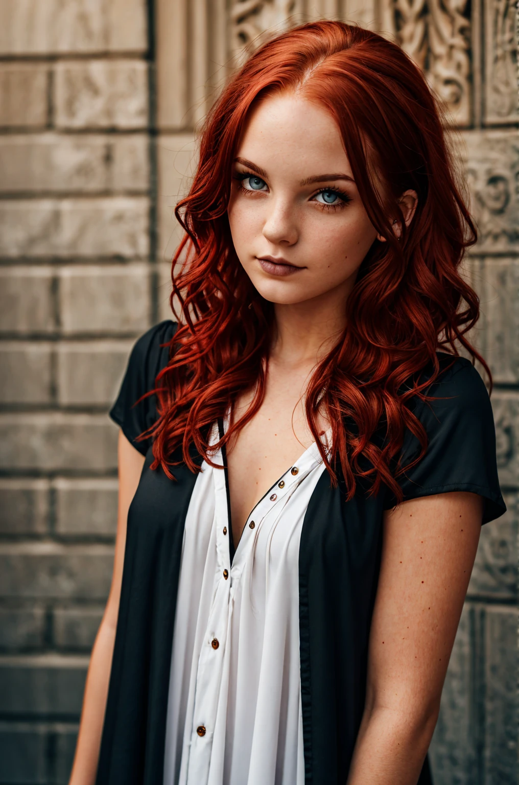 A young woman with shirt messy red hair, brown eyes, very pale skin, gothic dress