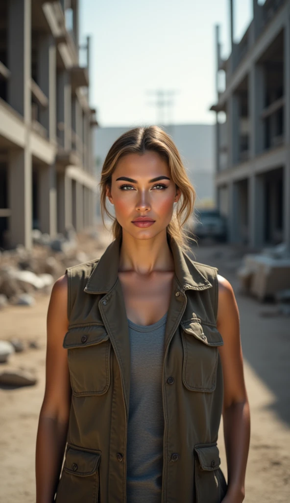 photograph of a woman, light makeup, wearing a open vest, at a construction site