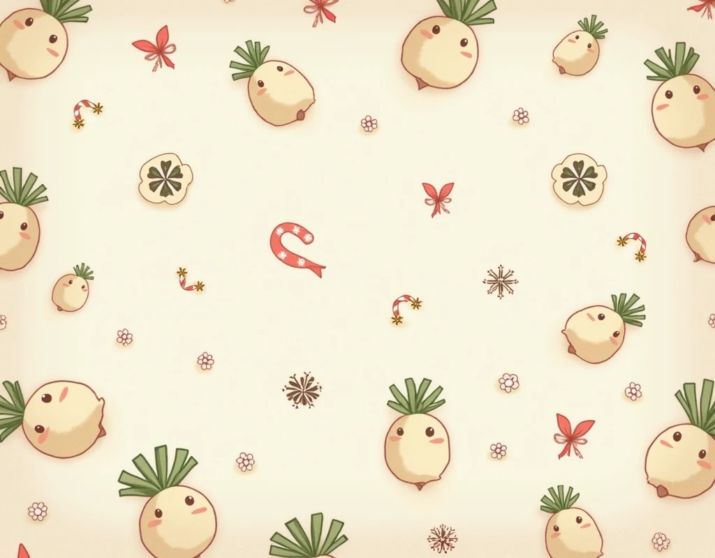 masterpiece, Fluffy bath towel wallpaper ,Towel texture,Fabric texture、 Details、The pattern is （Little Japanese cute daikon character）and[andても小さなクリスマスのモチーフ], high image quality, 