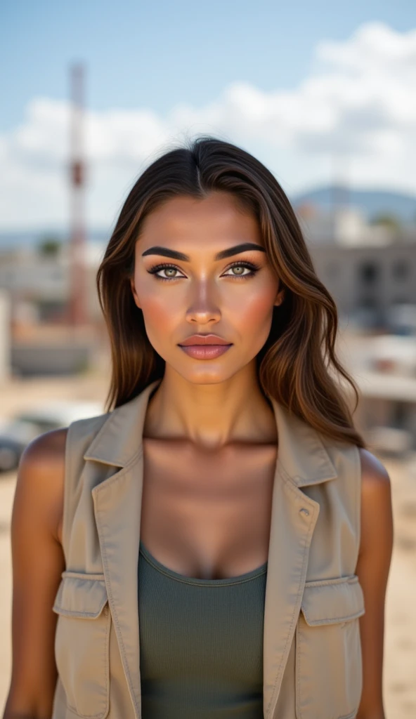 photograph of a woman, light makeup, wearing a open vest, at a construction site