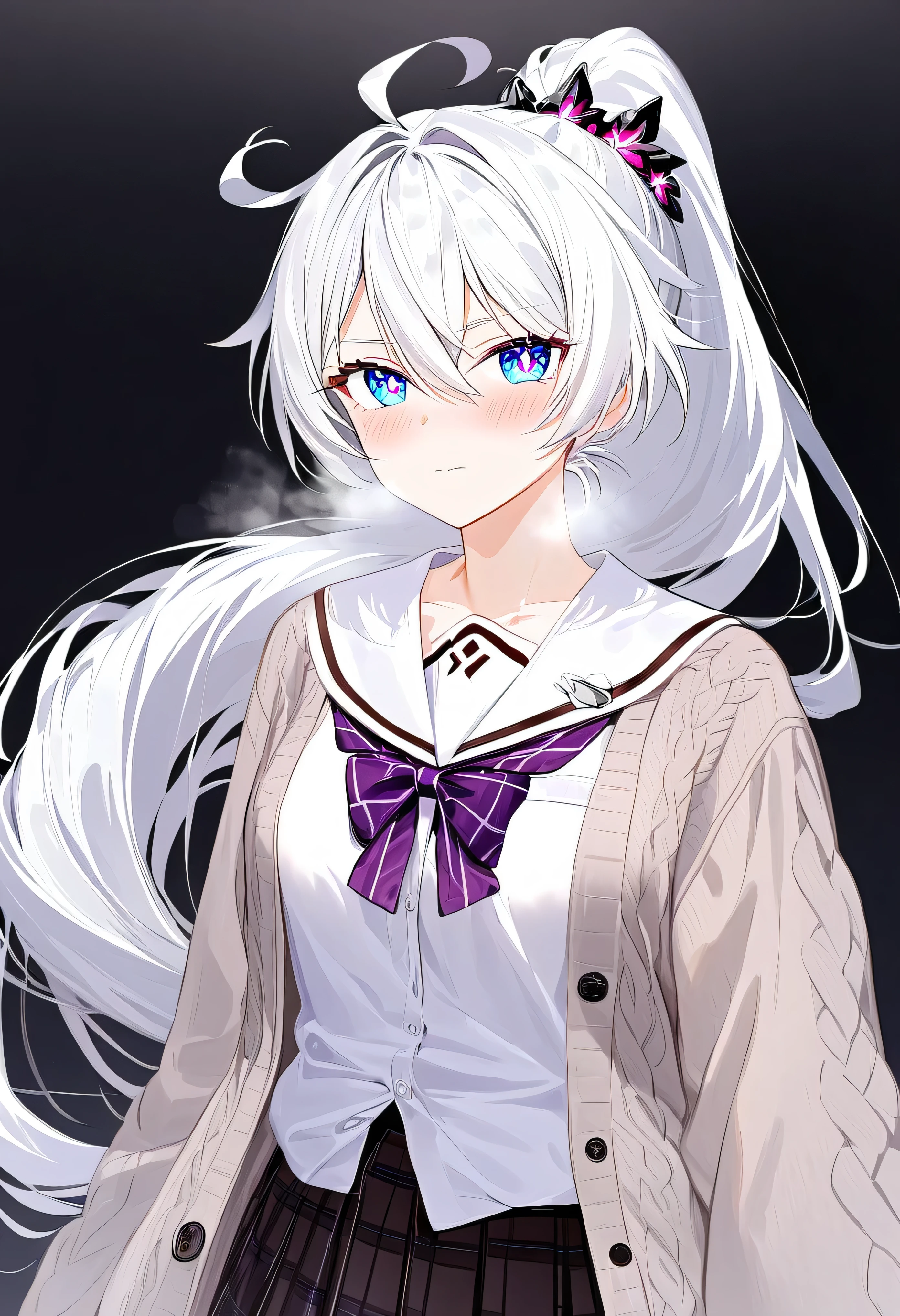 score_9, score_8_up, score_7_up, masterpiece, best quality, very aesthetic, absurdres, 1girl, adult grown woman, solo, kiana kaslana \(honkai impact 3rd\), herrscher of finality, white hair, ahoge, ponytail, long hair, blue eyes, symbol-shaped pupils, blush, closed mouth, heavy breathing, oversized cardigan, pleated skirt, blue ribbon, striped accents, school uniform, minimal accessories, loose sleeves, polished school look, layered outfit, Soft anime rendering, focusing on youthful and casual schoolwear aesthetics with polished and clean details, black background