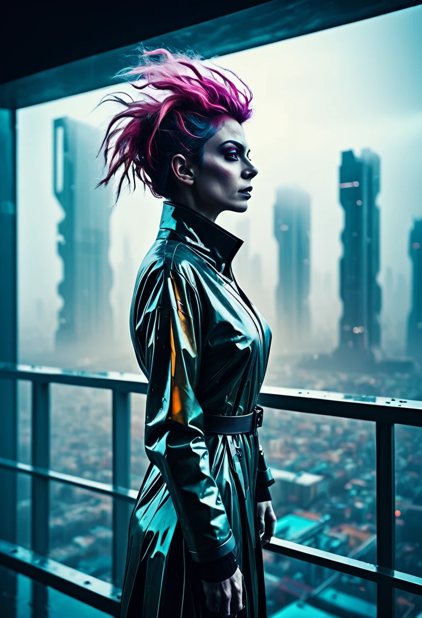 abstract colors, texture, film grain, skin pores:0.1 intricate dramatic portrait of a beautiful windblown scifi scientist standing on a balcony overlooking a futuristic (solarpunk)1.2 city, foggy morning, cinematic movie still frame, blade runner 2049, punk hair style, altered carbon, (analog style)1.3 (film grain)1.3, stephan martiniere Wadim Kashin Simon Stalenhag michal karcz ismail inceoglu. Joker. 