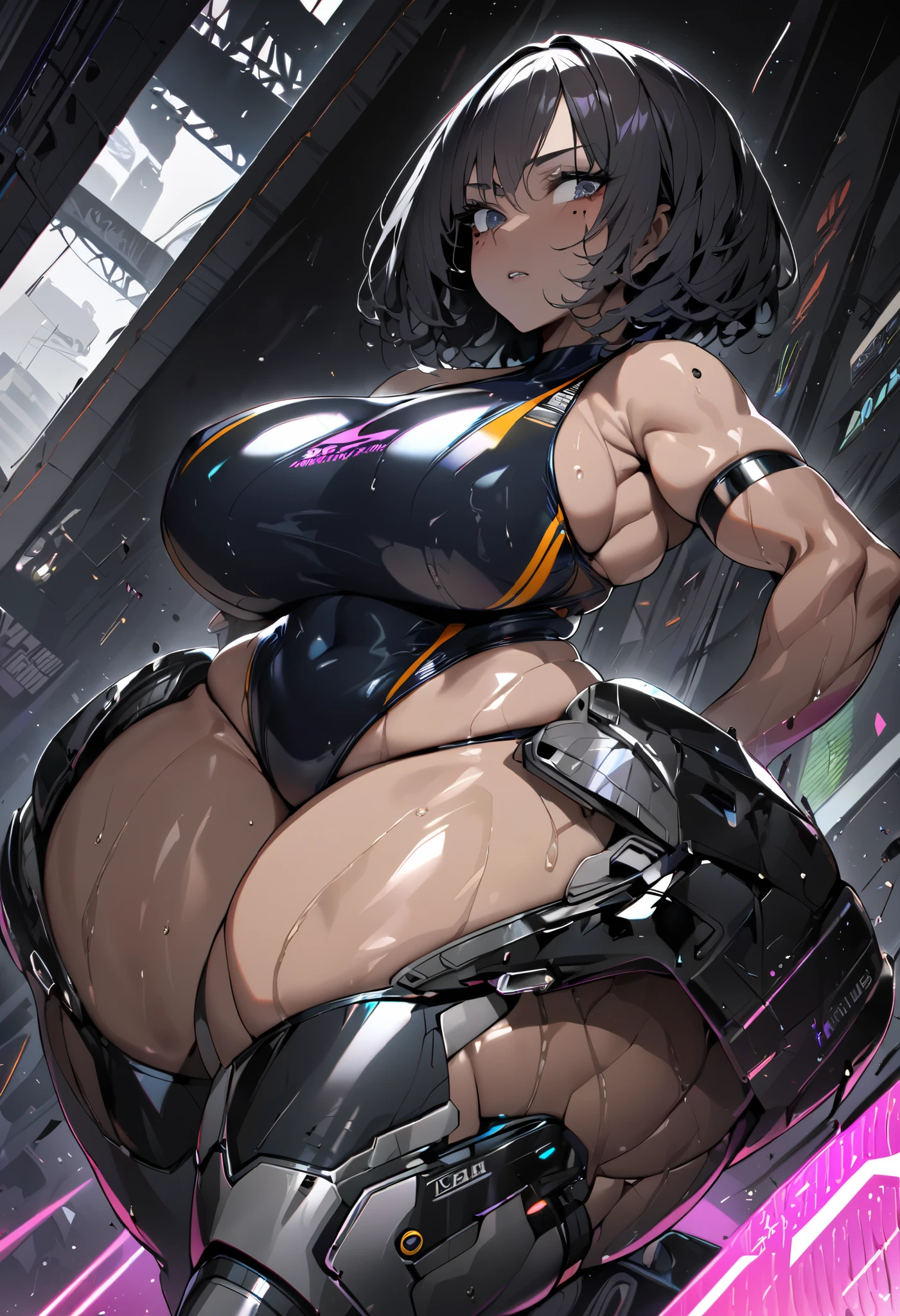 (best quality,highres:1.2),ultra-detailed,(realistic:1.37) (a girl), anime style, (fat:1.4) , cyber punk , full body tight suit , (covered nipples:0.9) , (breasts:1.1) , (muscular:1.3) , (abs:1.1) , (thick arm:1.4) , thick thigh , huge hip , pale navy hair , short hair , dark skin , pregnant , ahegao , black glasses , spread legs , cyborg girl , robot joint , robot shoulder ,