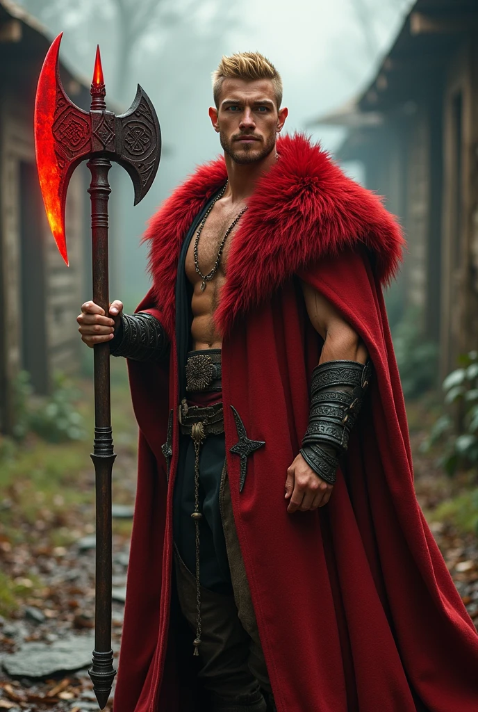 Photo-realistic, ((best quality)), ((masterpiece)), (detailed), short blond hair, handsome young male model, male version of red riding hood, 18-year-old, super male model, handsome, tall, cute, evil looking, dark look, powerful, young male model, handsome, clean shave, green eyes, pale skin, white pale skin, wavy messy blond hair, short messy hair, messy wavy hair, super strong, muscular, fit, massive muscles, six pack, muscle, ripped, strong body, fit body, (red cloak:1.3), (red hoodie:1.2), shirtless, bare-chested, bare-feet, linen small skirt, linen small short loincloth, fog, valley fog, (haunted forest:1.4), horror forest, evil forest background, dark forest, 8k, high detailed, ultra-detailed, Stylish Pose, real skin texture, dramatic cinematic lighting, (HORROR:1.5), night, night time, dark, full moon
