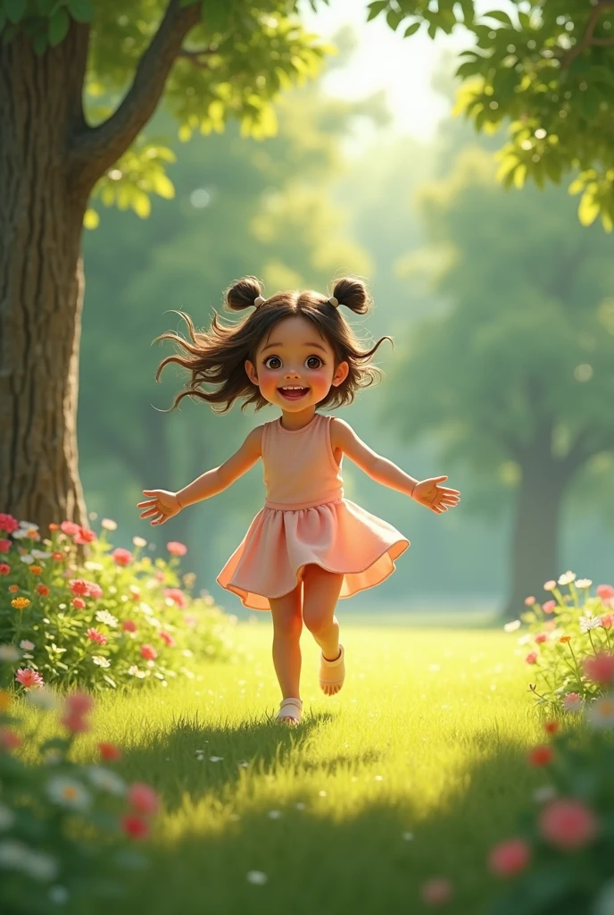 A , Ria, playing happily in a vibrant, magical garden filled with colorful flowers and towering trees. Sunlight streams through the leaves, casting dancing shadows on the ground. A small, fairy-like creature peeks out from behind a large rose bush.
* Style: Whimsical, illustrated, children's book style.I am animated characters