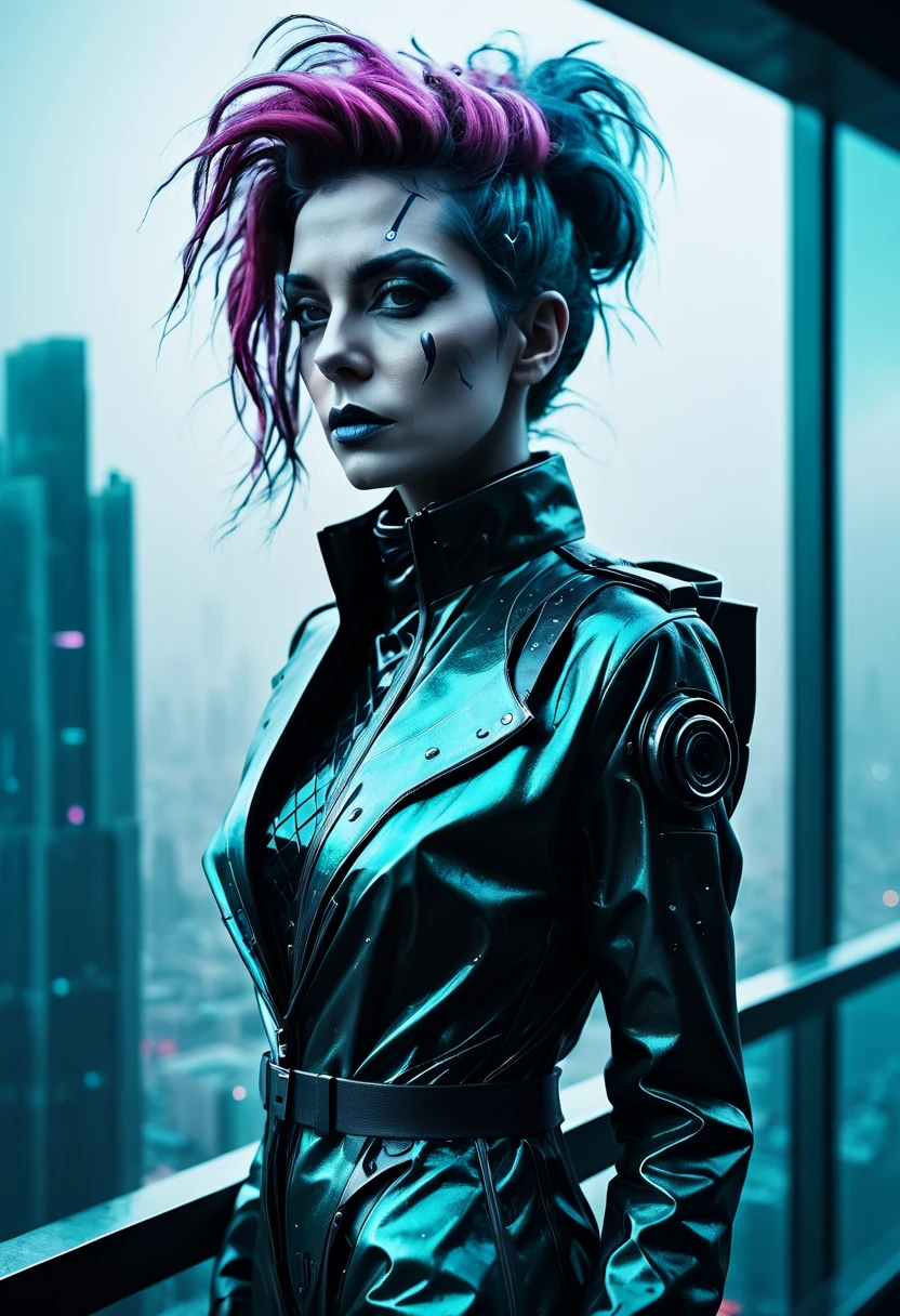 abstract colors, texture, film grain, skin pores:0.1 intricate dramatic portrait of a beautiful windblown scifi scientist standing on a balcony overlooking a futuristic (solarpunk)1.2 city, foggy morning, cinematic movie still frame, blade runner 2049, punk hair style, altered carbon, (analog style)1.3 (film grain)1.3, stephan martiniere Wadim Kashin Simon Stalenhag michal karcz ismail inceoglu. Joker. 