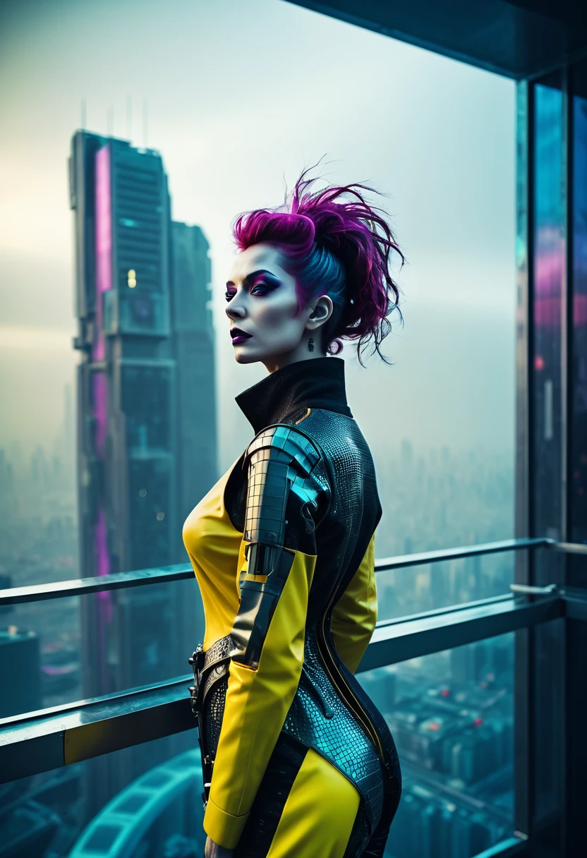 abstract colors, texture, film grain, skin pores:0.1 intricate dramatic portrait of a beautiful windblown scifi scientist standing on a balcony overlooking a futuristic (solarpunk)1.2 city, foggy morning, cinematic movie still frame, blade runner 2049, punk hair style, altered carbon, (analog style)1.3 (film grain)1.3, stephan martiniere Wadim Kashin Simon Stalenhag michal karcz ismail inceoglu. Joker. 