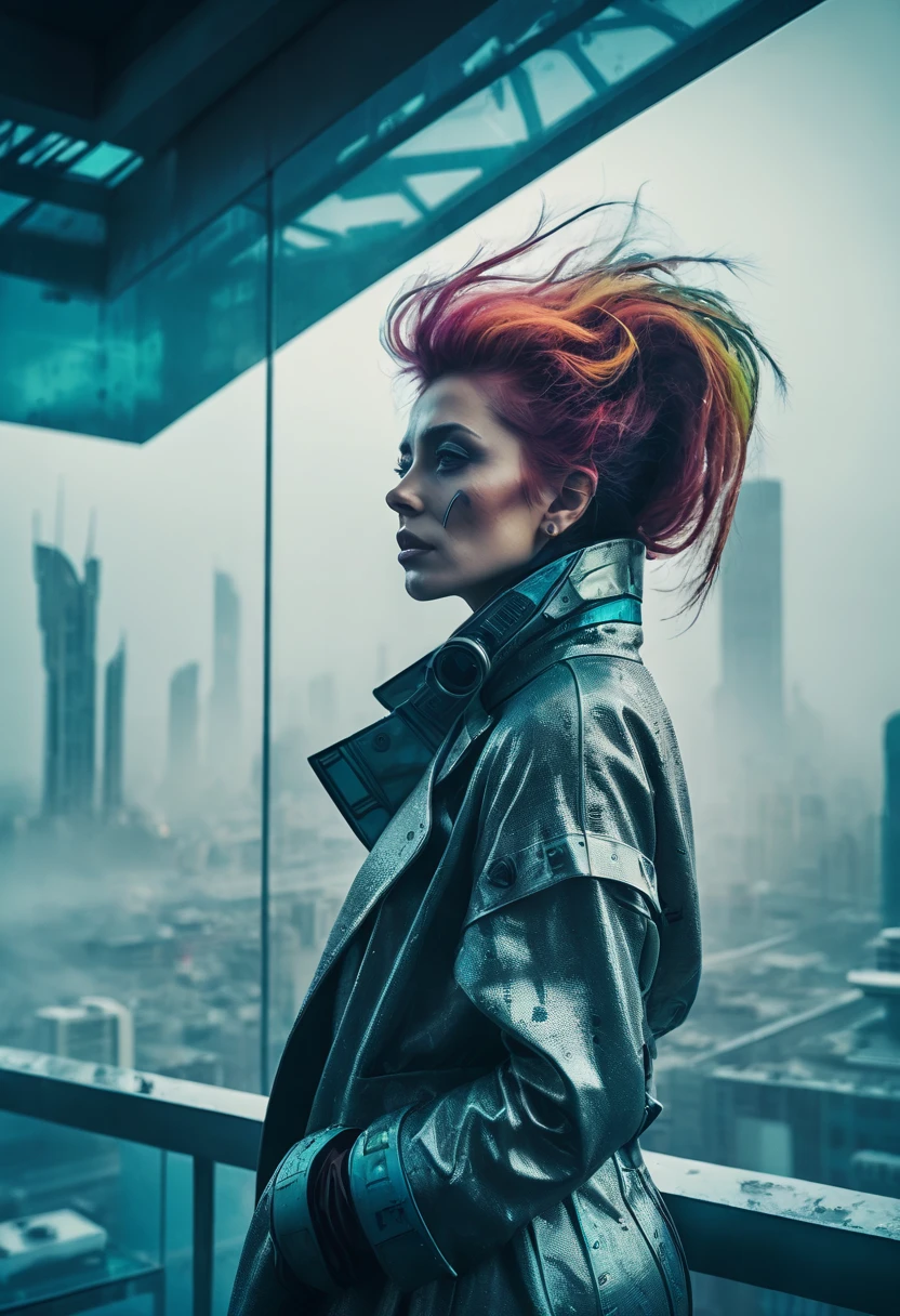 abstract colors, texture, film grain, skin pores:0.1 intricate dramatic portrait of a beautiful windblown scifi scientist standing on a balcony overlooking a futuristic (solarpunk)1.2 city, foggy morning, cinematic movie still frame, blade runner 2049, punk hair style, altered carbon, (analog style)1.3 (film grain)1.3, stephan martiniere Wadim Kashin Simon Stalenhag michal karcz ismail inceoglu. Joker. 