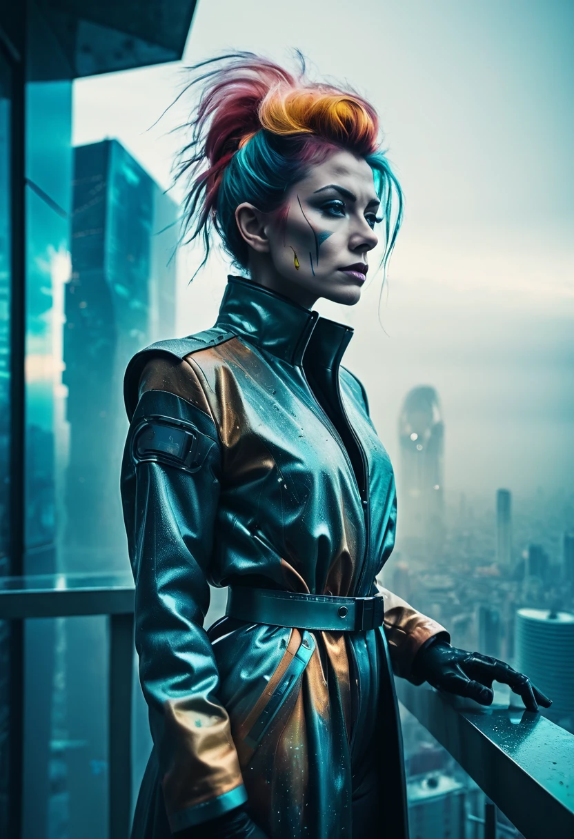 abstract colors, texture, film grain, skin pores:0.1 intricate dramatic portrait of a beautiful windblown scifi scientist standing on a balcony overlooking a futuristic (solarpunk)1.2 city, foggy morning, cinematic movie still frame, blade runner 2049, punk hair style, altered carbon, (analog style)1.3 (film grain)1.3, stephan martiniere Wadim Kashin Simon Stalenhag michal karcz ismail inceoglu. Joker. 