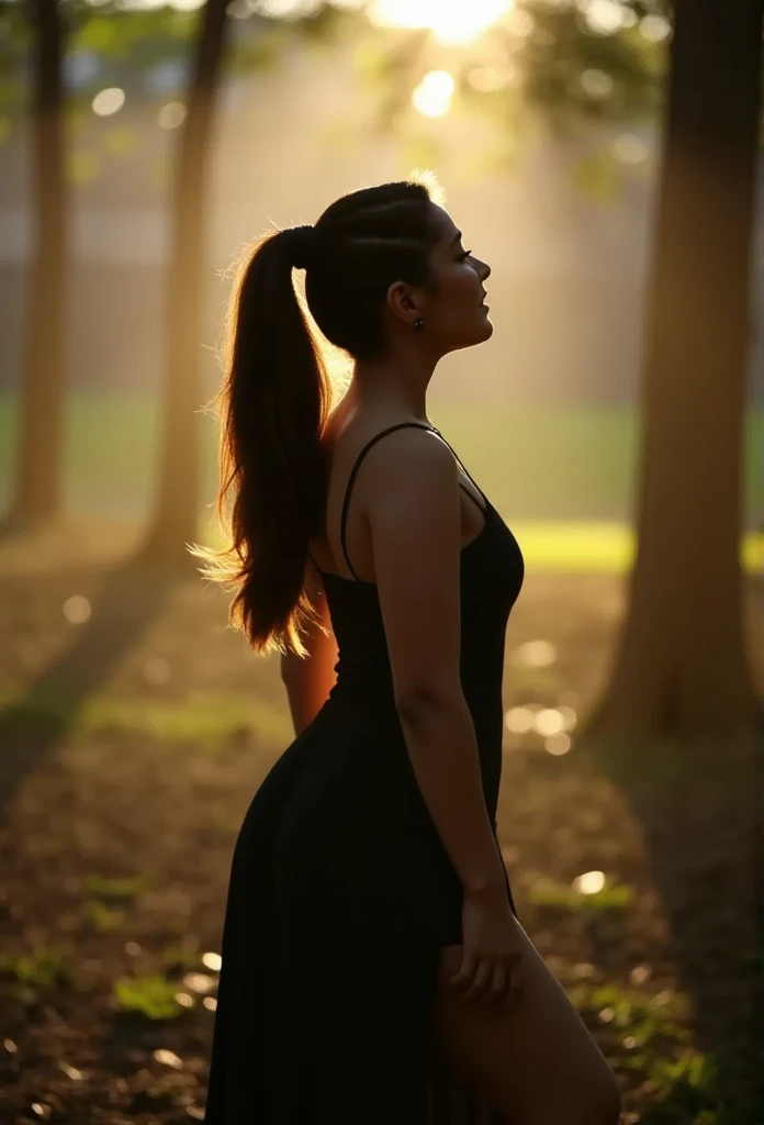 An ethereal woman with sharp and defined silhouette, standing in a mystical forest bathed in sunlight. The upper half of her body is illuminated by strong, golden sunlight streaming through the trees, creating a glowing effect. A soft, ambient light surrounds the periphery of her body, highlighting her figure with a subtle halo effect. The forest background is serene and slightly blurred, with sunlight filtering through the dense canopy of leaves, casting dappled shadows on the forest floor. The woman has a graceful pose, and the light emphasizes her silhouette, giving her an almost magical presence. The scene feels peaceful yet dramatic, with a perfect interplay of light and shadow