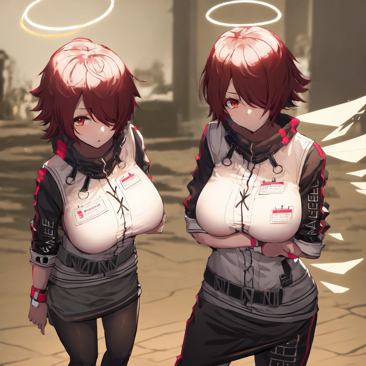 exusiai_(arknights), red_hair, 1girl, breasts, hair_over_one_eye, pantyhose, halo, short_hair, jacket, wings, large_breasts, pov, english_text, looking_at_viewer, white_jacket, gloves, doctor_(arknights), 1other, black_gloves, short_sleeves, red_eyes, solo_focus, belt, skirt, speech_bubble, blushThe image shows an anime-style image of a girl with short red hair and bangs covering one eye. She is wearing a white shirt with black elements and dark trousers. A girl addresses someone with a text cloud that says: "You're going to choose me, right, Doctor?" She has a case or bag attached to her belt, and in her hand the character holds something like a map or screen. An elongated silhouette of a hand is visible in the background.