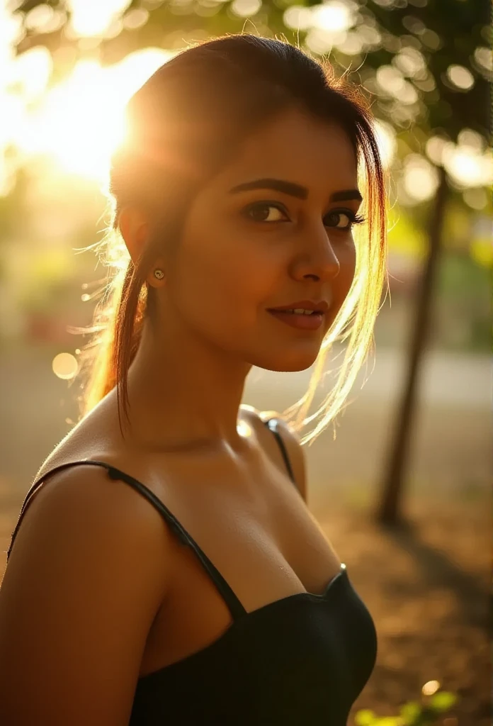 An ethereal woman with sharp and defined silhouette, standing in a mystical forest bathed in sunlight. The upper half of her body is illuminated by strong, golden sunlight streaming through the trees, creating a glowing effect. A soft, ambient light surrounds the periphery of her body, highlighting her figure with a subtle halo effect. The forest background is serene and slightly blurred, with sunlight filtering through the dense canopy of leaves, casting dappled shadows on the forest floor. The woman has a graceful pose, and the light emphasizes her silhouette, giving her an almost magical presence. The scene feels peaceful yet dramatic, with a perfect interplay of light and shadow