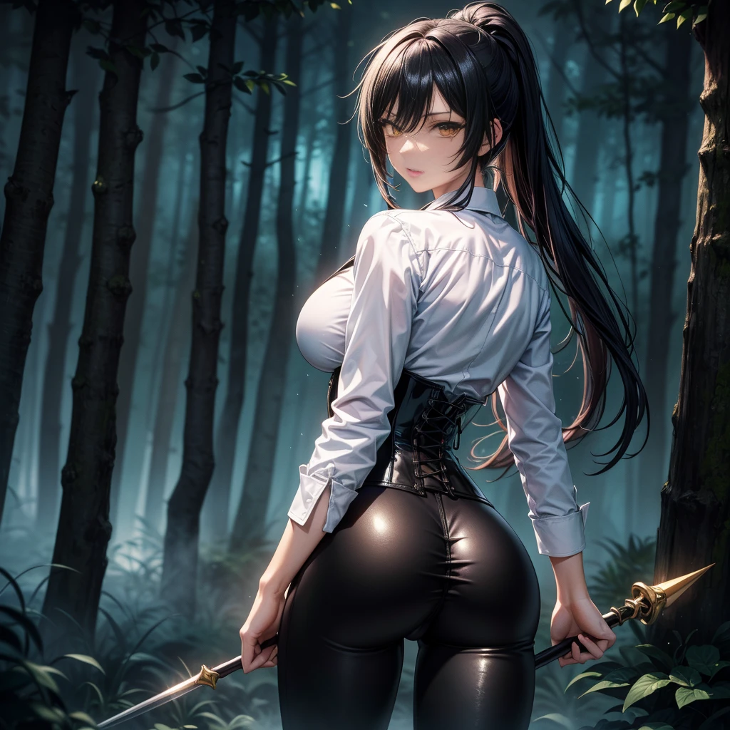Masterpiece, Beautiful art, professional artist, 8k, art style by sciamano240, Very detailed face, Detailed clothing, detailed fabric, 1 girl, view from behind, perfect ass, big breasts, perfectly drawn body, fighting pose, beautiful face, long hair, blue eyes, very detailed eyes, pink cheeks, shy expression, choker:1.6, (long sleeve white collar buttoned shirt), black gloves, gloves covering hands, (holding an ax in the right hand), (black leather corset), (shiny black leggings), sensual lips ,  evening de invierno, show details in the eyes, view from front, looking at the viewer, dark path, dark forest, evening, Atmosphere, fog