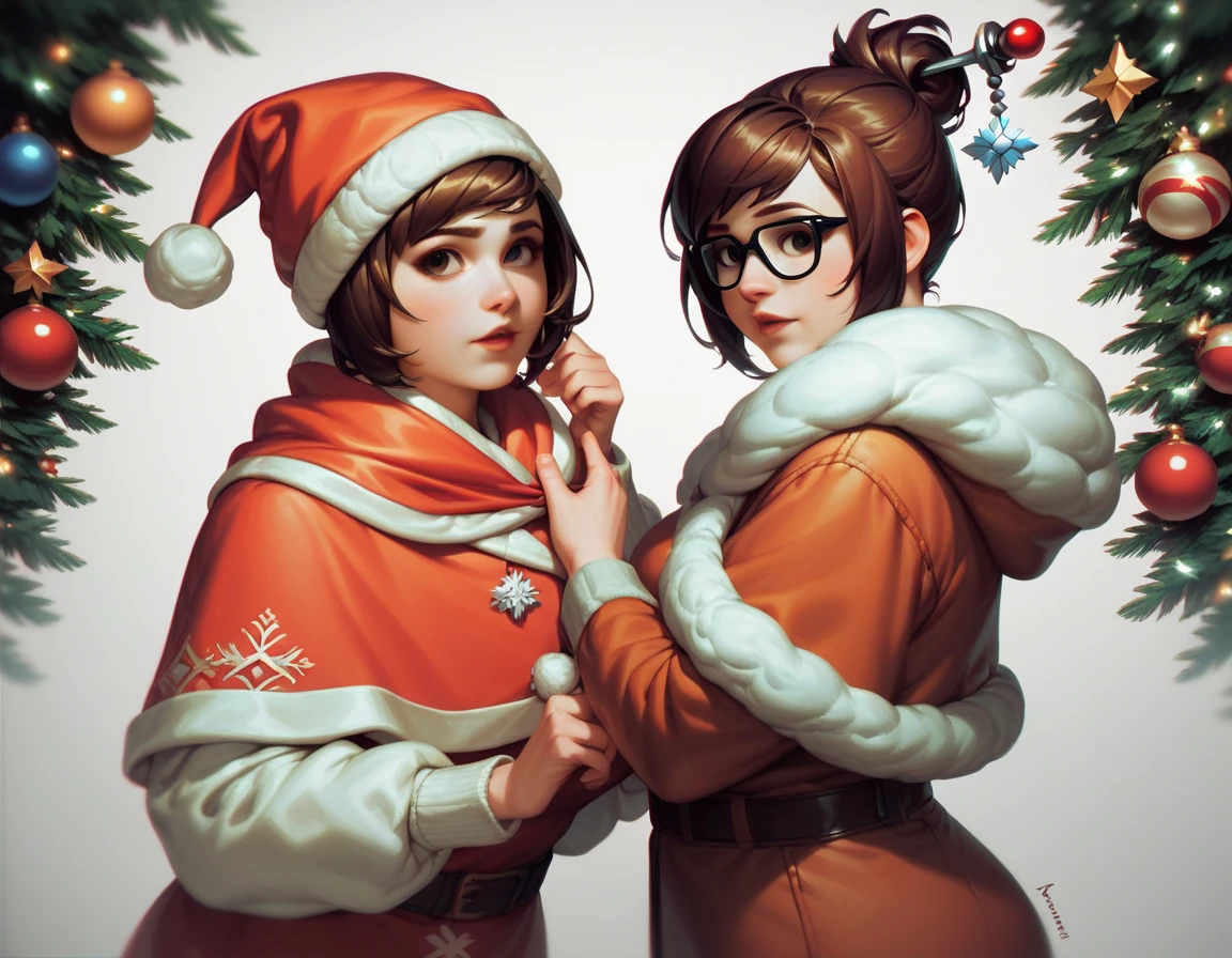 Mei Lin Zhou Overwatch from Overwatch , May ,  is a masterpiece of high quality photography, winter background,  Christmas atmosphere,  Christmas background, art Christmas, warm tones, beautiful clothes, holiday around