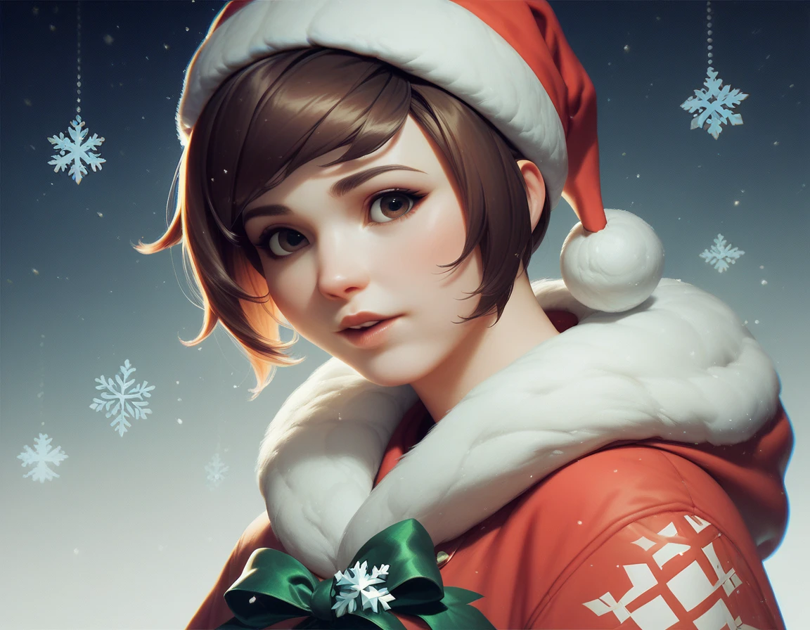 Mei Lin Zhou Overwatch from Overwatch , May ,  is a masterpiece of high quality photography, winter background,  Christmas atmosphere, Christmas background , art Christmas, warm tones, beautiful clothes, holiday around