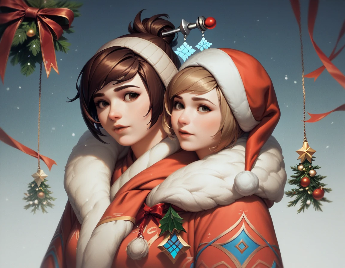 Mei Lin Zhou Overwatch from Overwatch , May ,  is a masterpiece of high quality photography, winter background,  Christmas atmosphere,  Christmas background, art Christmas, warm tones, beautiful clothes, holiday around