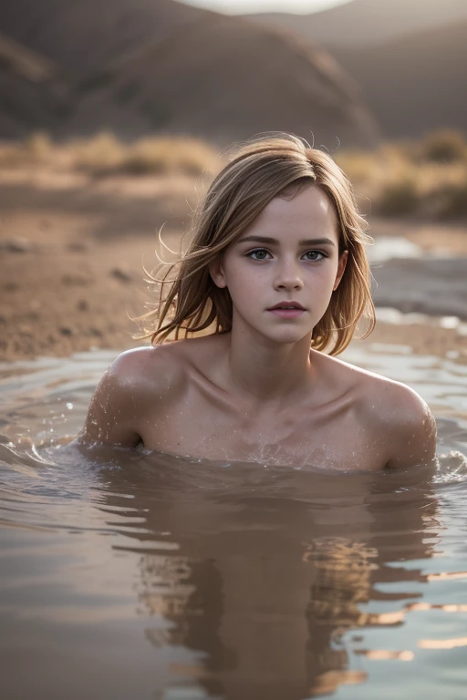 (Emma Watson, slim runners body, small breasts, hard nipples, hairy pussy, very small ass), a Full body shot, Masterpiece, Transitioning to a desert landscape at sunset, a lone figure, a beautiful British teenage girl is washing herself in a pond, nude, very white skin, blonde hair, blue-grey eyes, freckles on face, very detailed face, ultra realistic face, clean but tired face, very beautiful face, naked, and a weathered look create an aura of survival and resilience, 16K, ultra high res.photorealistic, UHD, RAW, DSLR